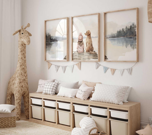 Golden Retriever Wall Art, Girl & Dog Decor, Lake Nursery Prints - WildfieldPrints