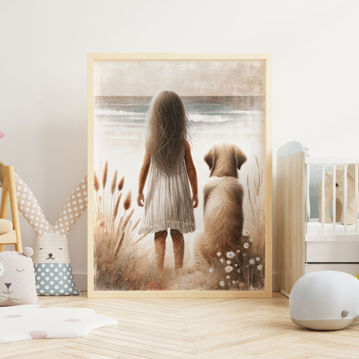 Golden Retriever Wall Art, Girl & Dog Decor, Nursery Painting - WildfieldPrints