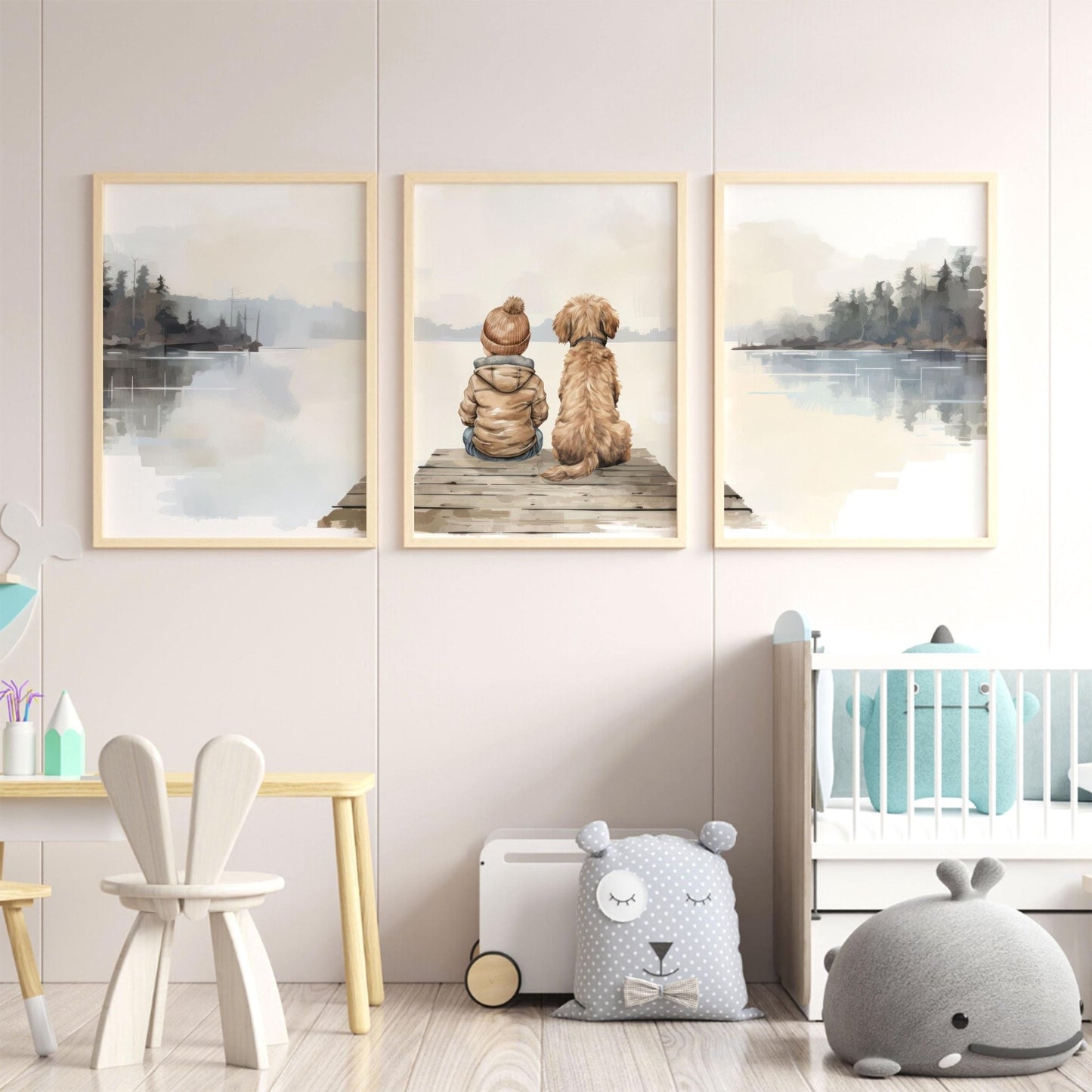 Goldendoodle Nursery Art, Boy & Dog Room Decor, Set of 3 Prints - WildfieldPrints