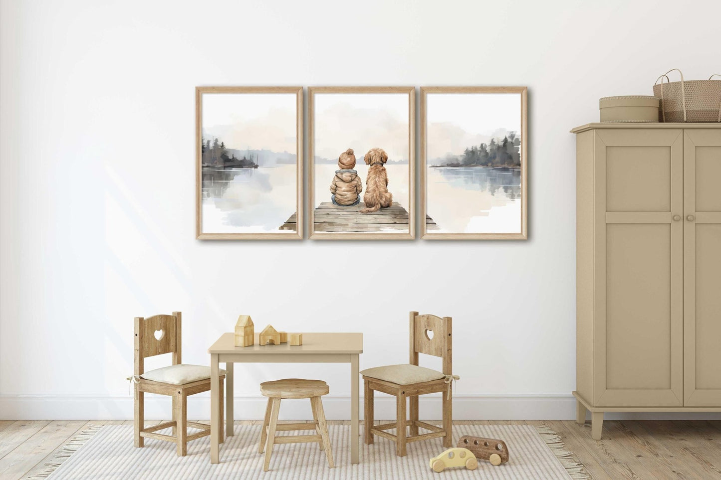 Goldendoodle Nursery Art, Boy & Dog Room Decor, Set of 3 Prints - WildfieldPrints