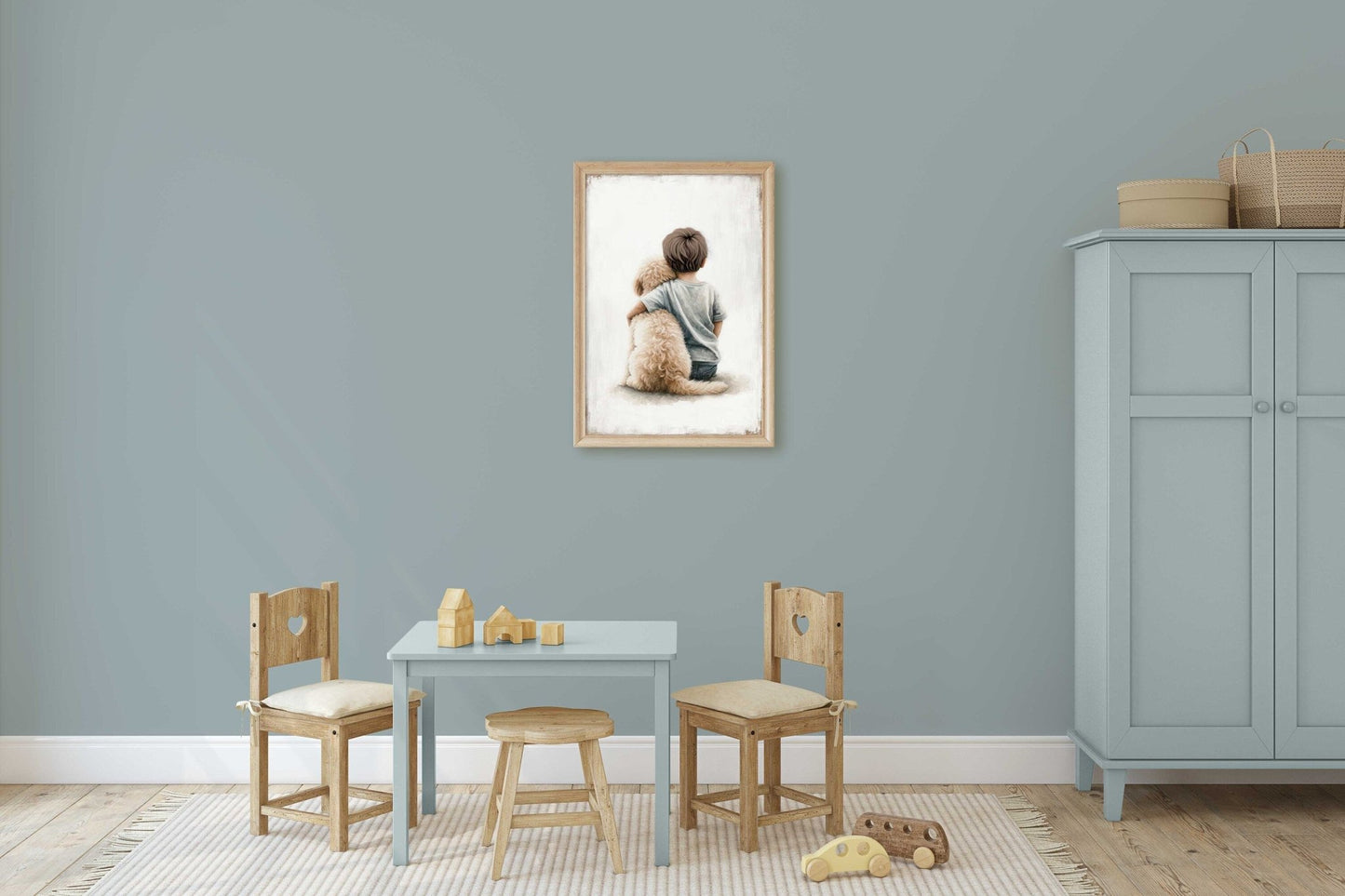 Goldendoodle Nursery Print, Boy & Dog Painting, Dog Wall Decor - WildfieldPrints