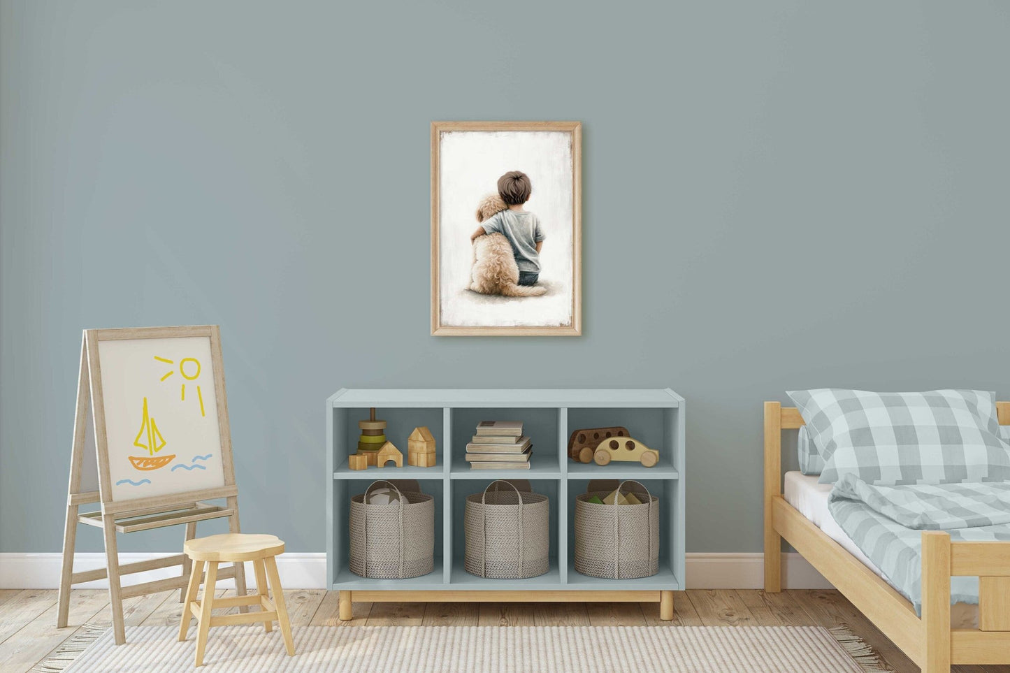 Goldendoodle Nursery Print, Boy & Dog Painting, Dog Wall Decor - WildfieldPrints