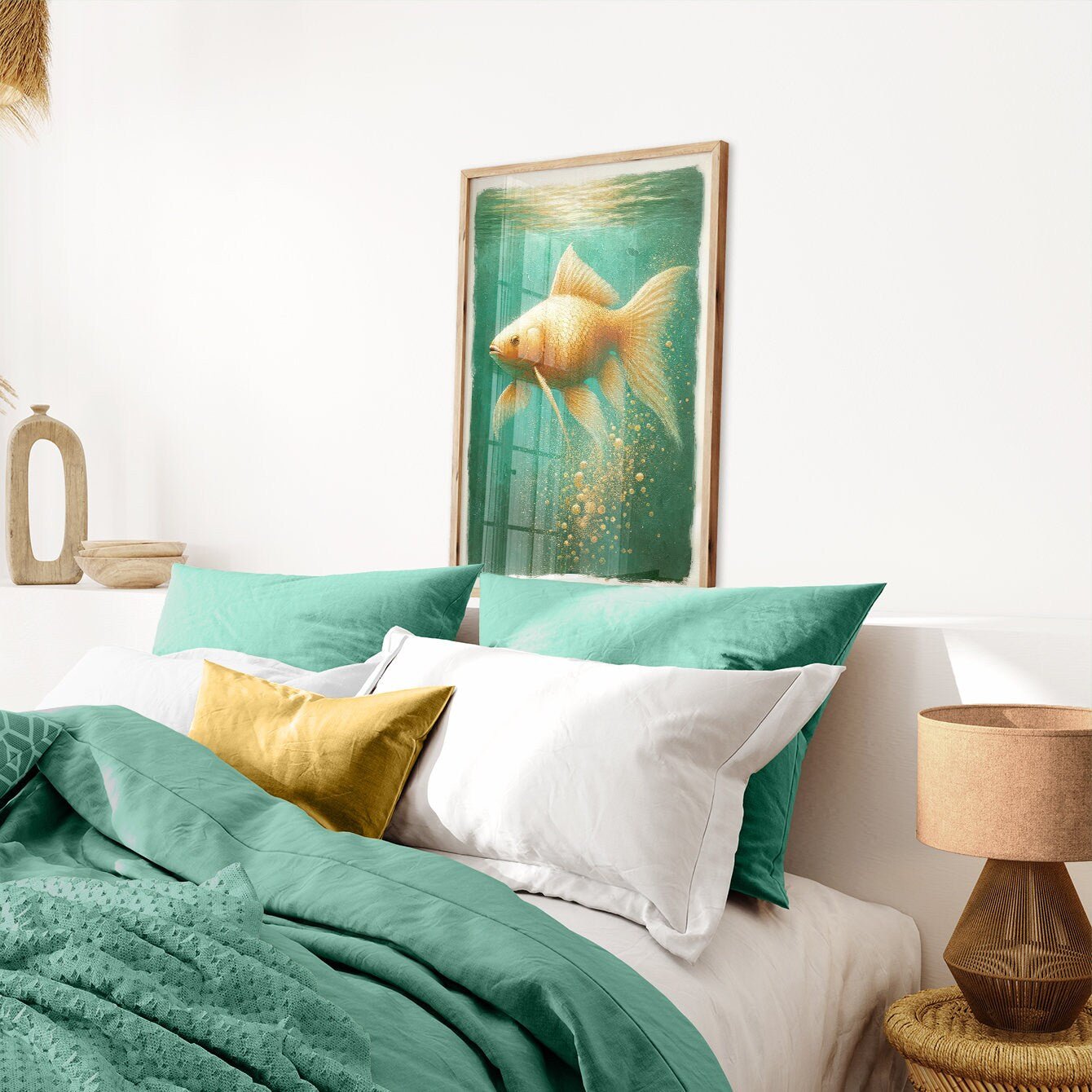 Goldfish Art, Emerald Green Wall Decor, Vintage Home Accent - WildfieldPrints