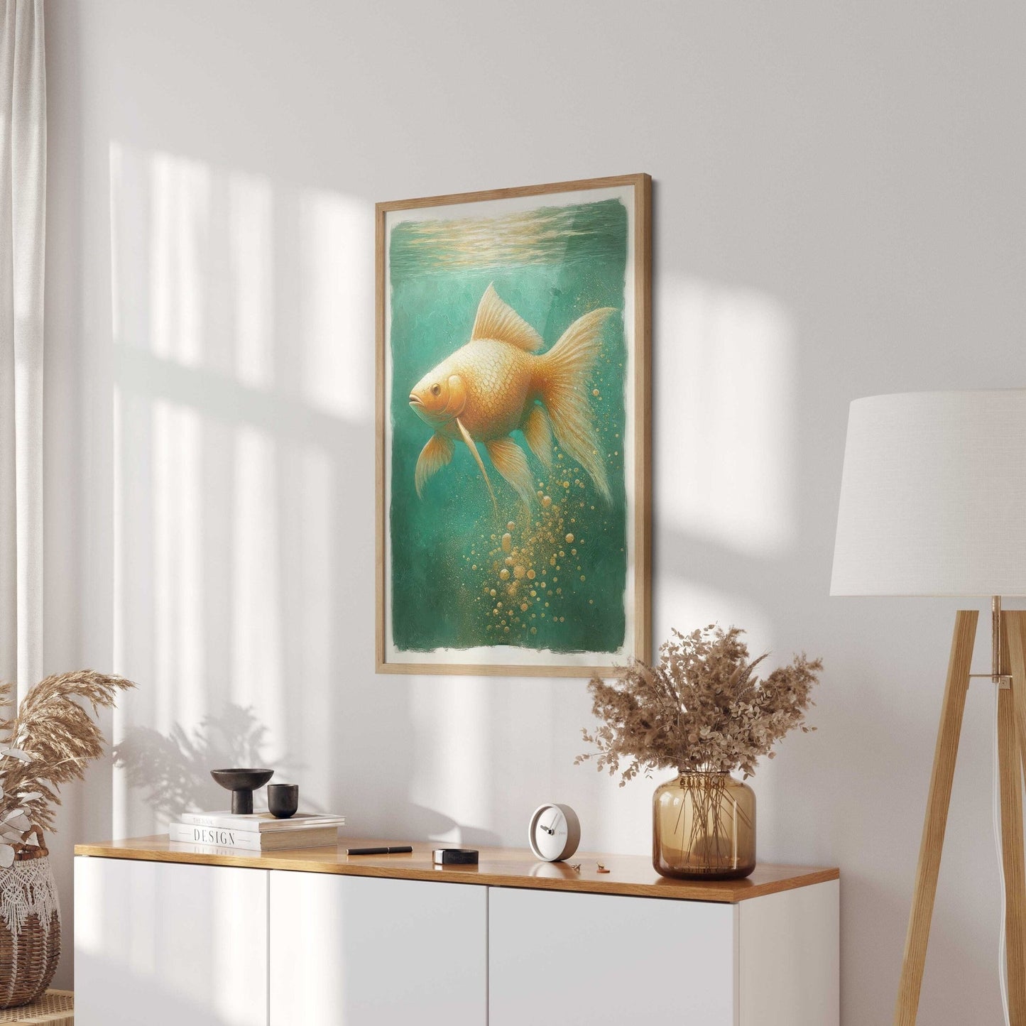 Goldfish Art, Emerald Green Wall Decor, Vintage Home Accent - WildfieldPrints