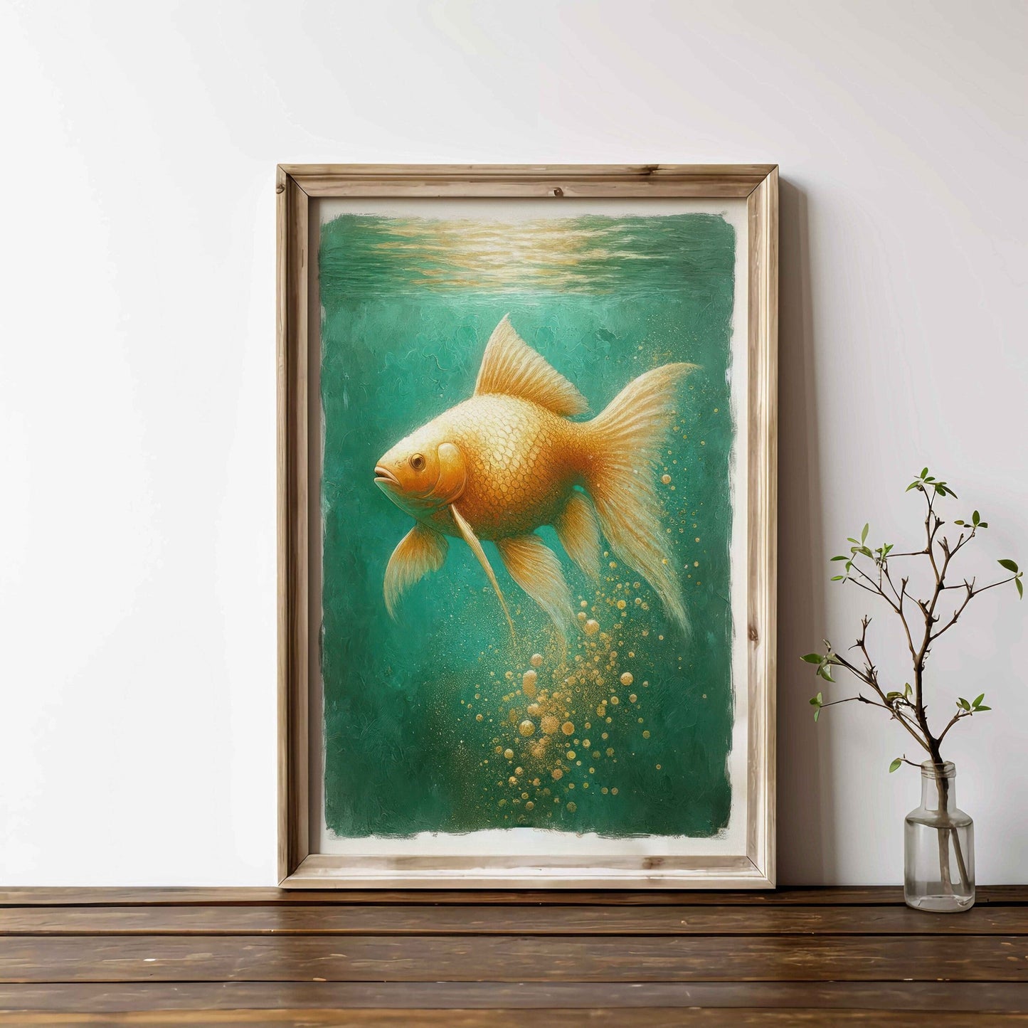 Goldfish Art, Emerald Green Wall Decor, Vintage Home Accent - WildfieldPrints