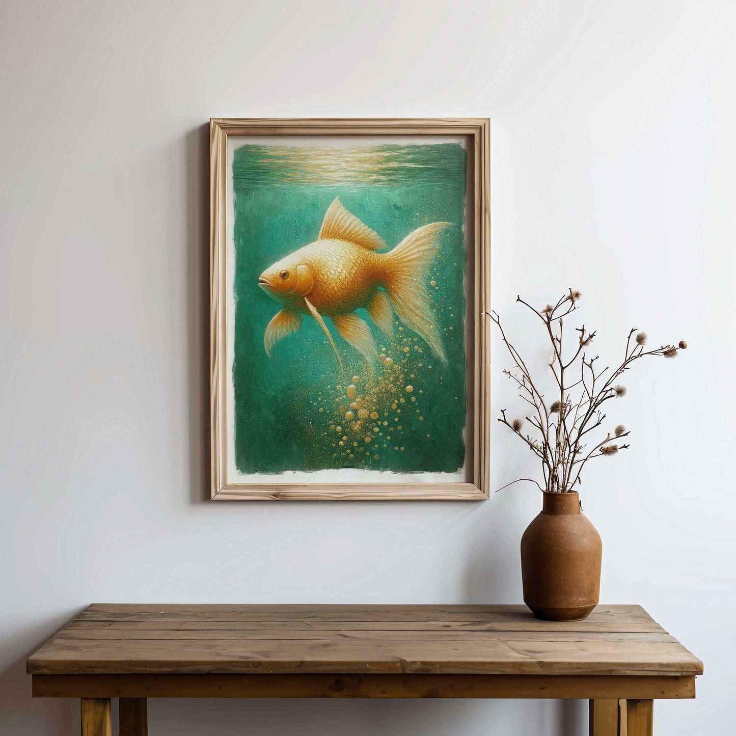 Goldfish Art, Emerald Green Wall Decor, Vintage Home Accent - WildfieldPrints