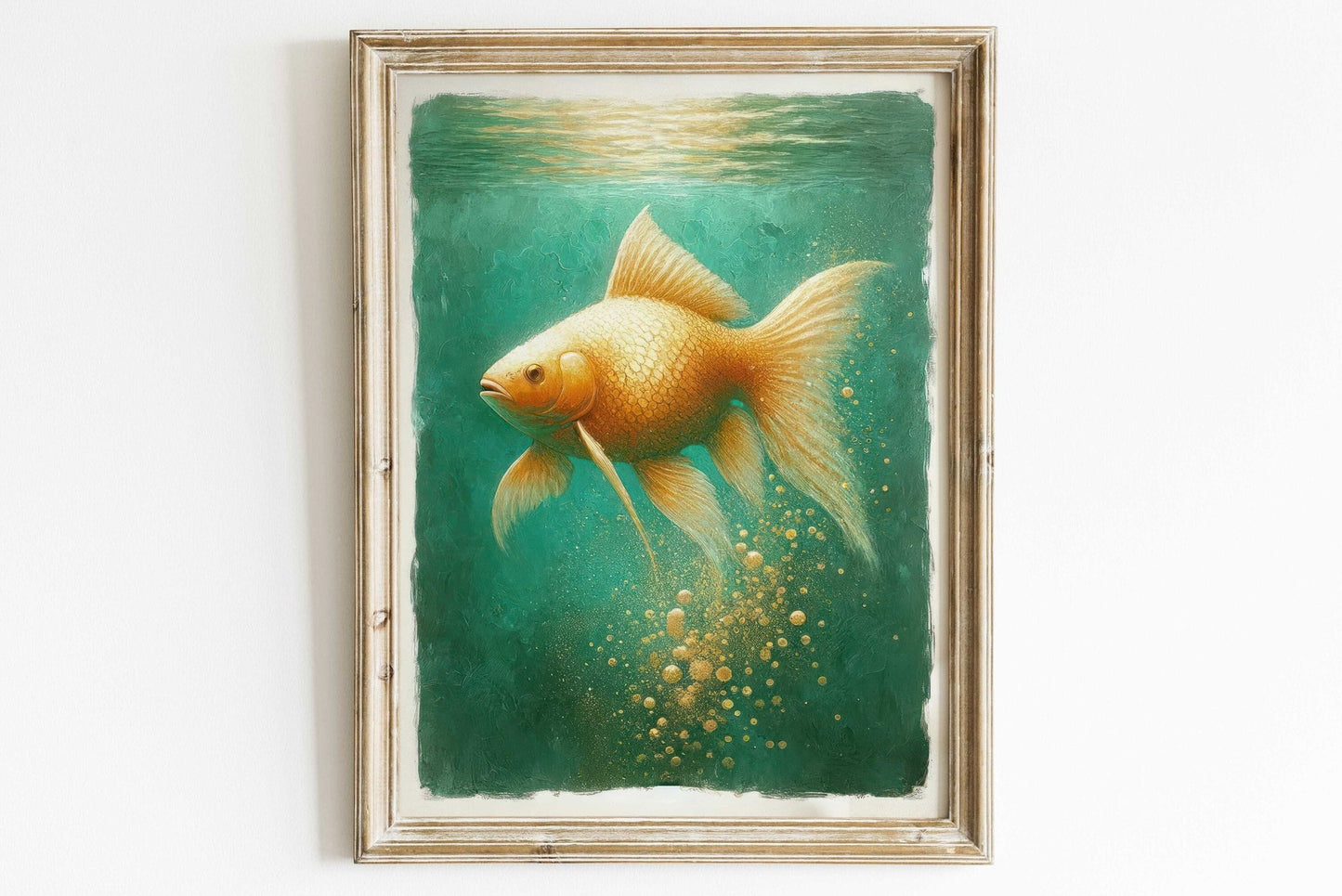 Goldfish Art, Emerald Green Wall Decor, Vintage Home Accent - WildfieldPrints