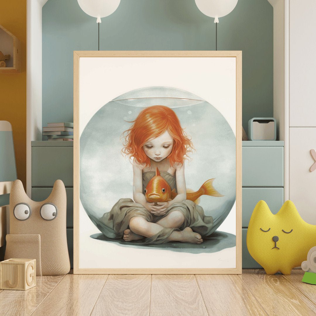 Goldfish Bowl Wall Art, Quirky Nursery Decor, Redhead Girl Illustration - WildfieldPrints