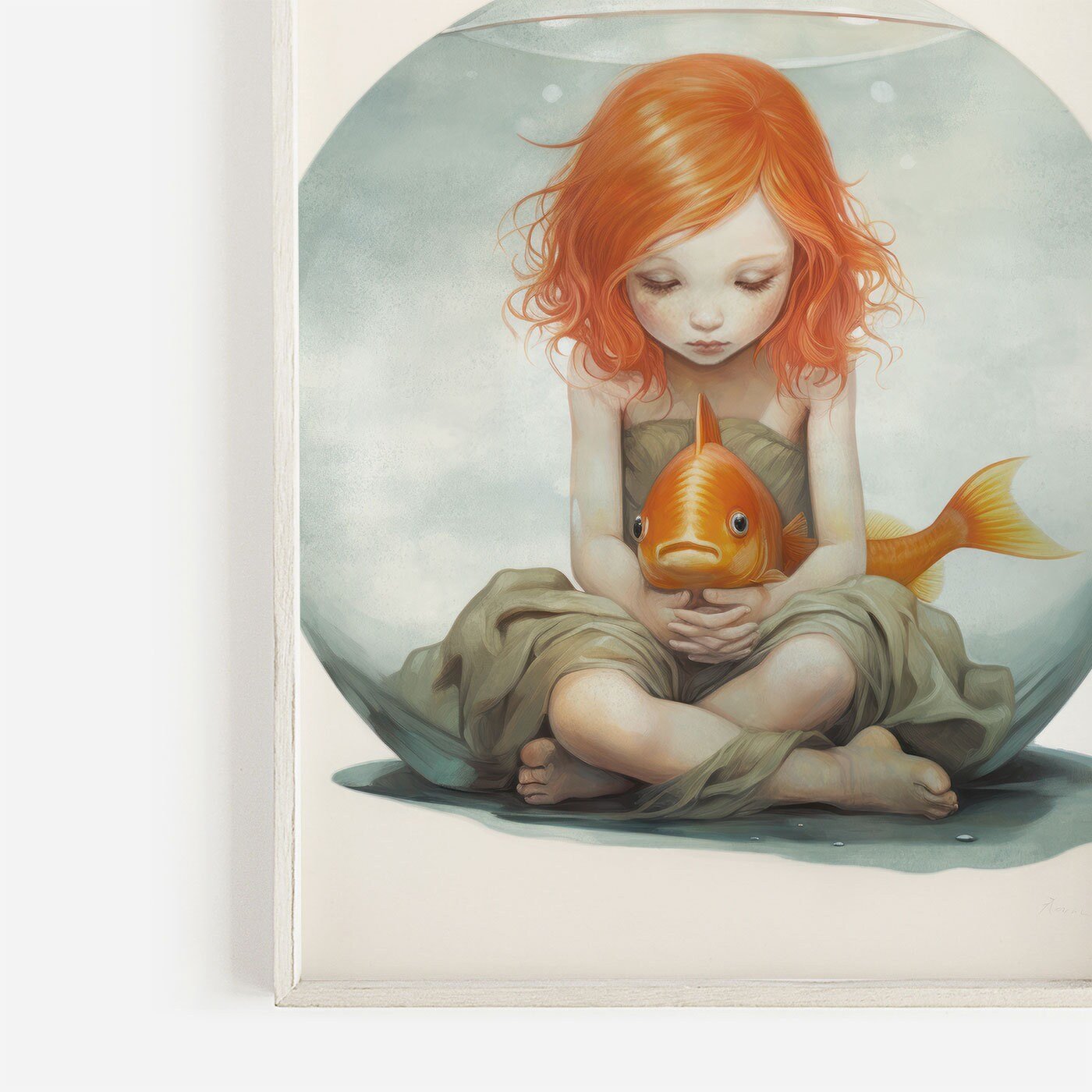 Goldfish Bowl Wall Art, Quirky Nursery Decor, Redhead Girl Illustration - WildfieldPrints