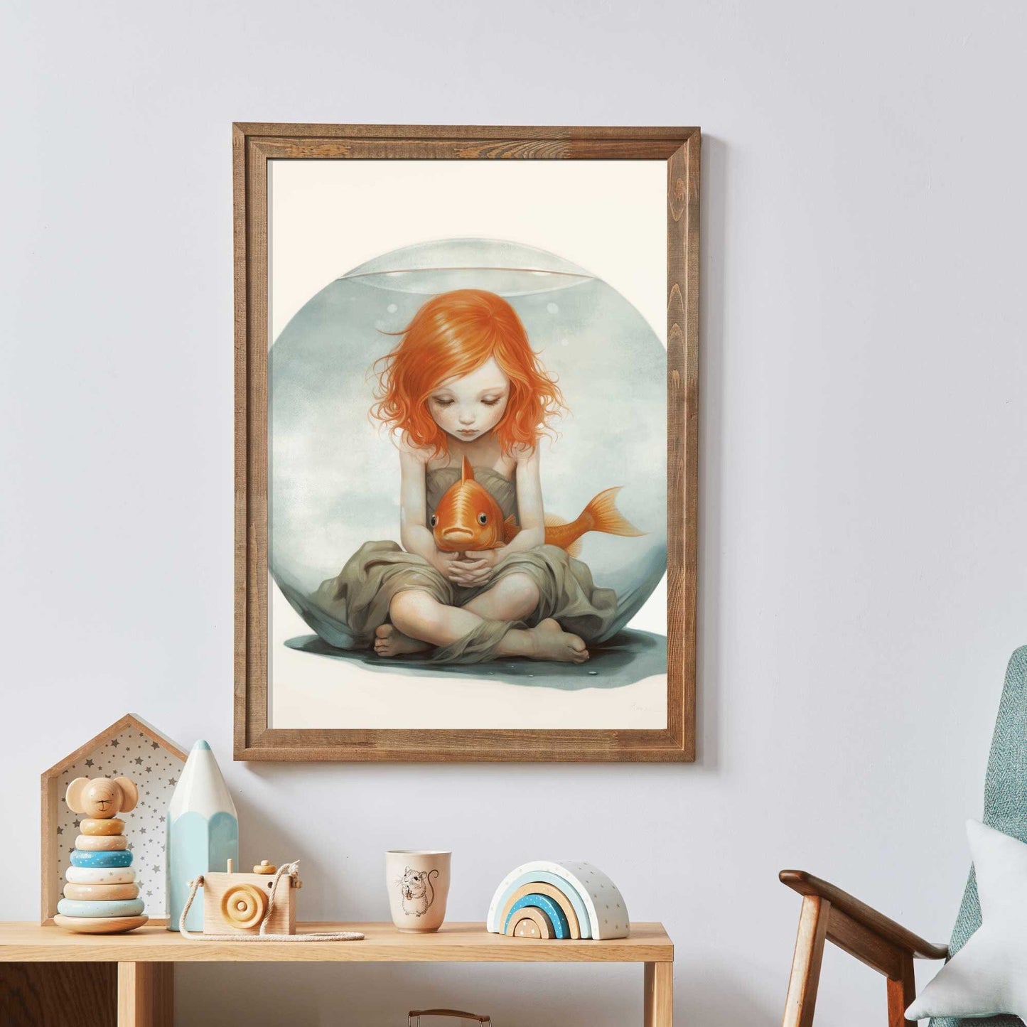 Goldfish Bowl Wall Art, Quirky Nursery Decor, Redhead Girl Illustration - WildfieldPrints