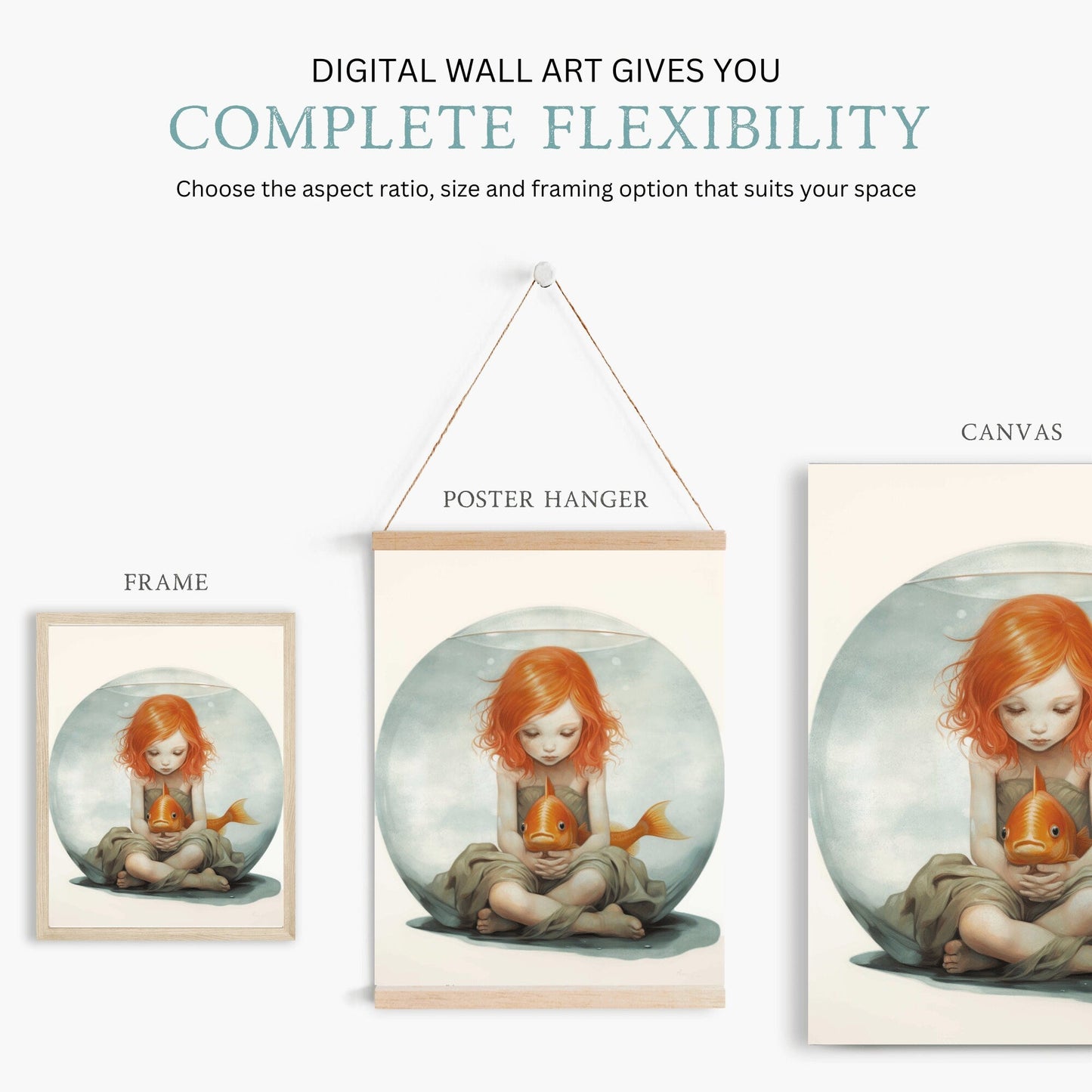 Goldfish Bowl Wall Art, Quirky Nursery Decor, Redhead Girl Illustration - WildfieldPrints
