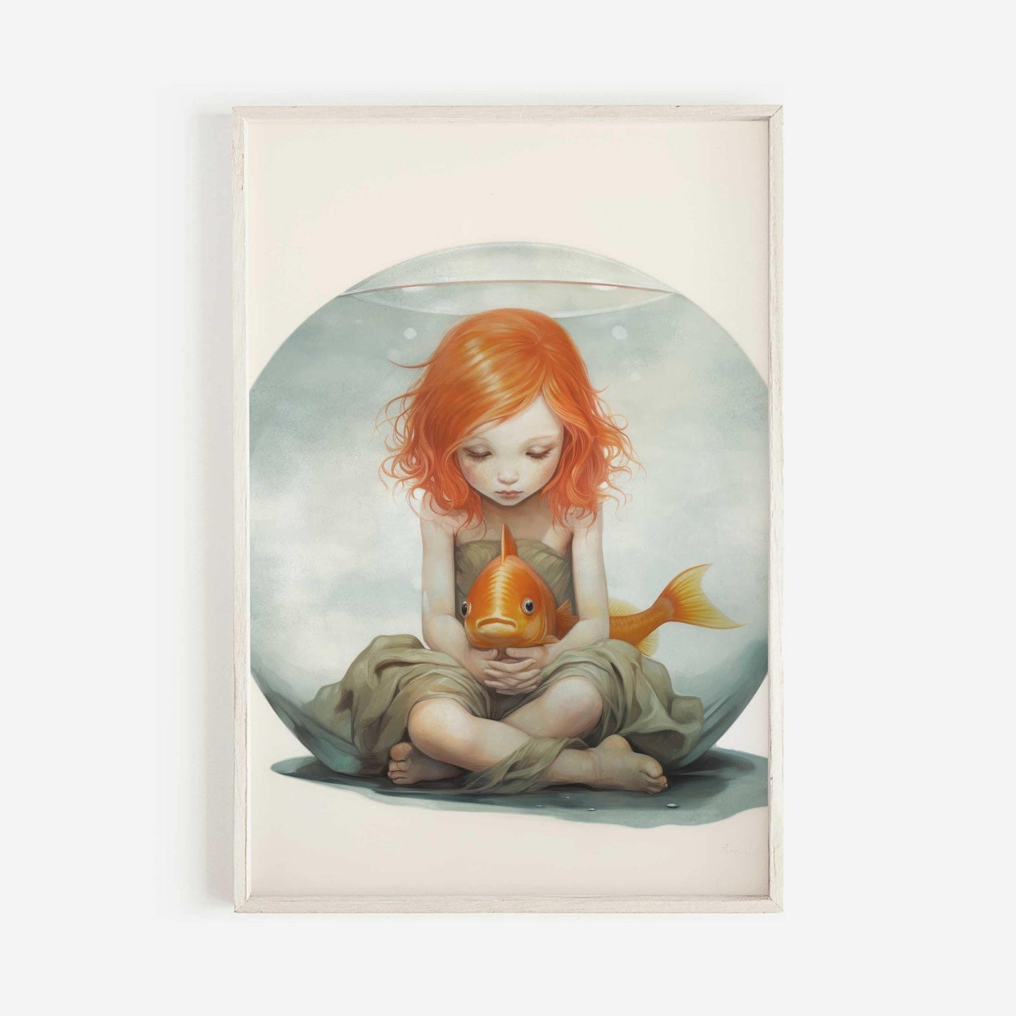 Goldfish Bowl Wall Art, Quirky Nursery Decor, Redhead Girl Illustration - WildfieldPrints