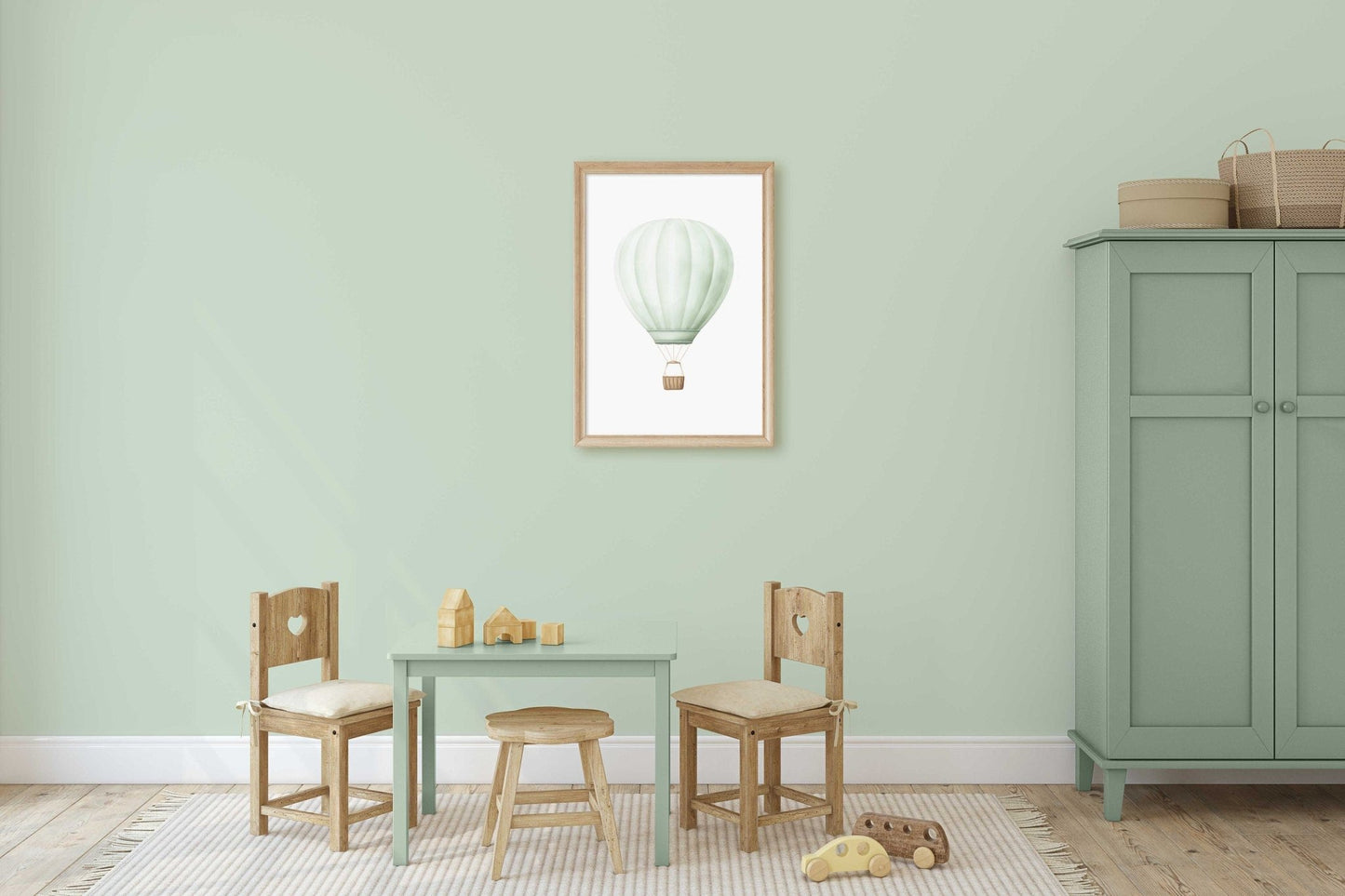 Green Hot Air Balloon Nursery Decor, Pastel Transportation Print, Vintage Wall Art - WildfieldPrints