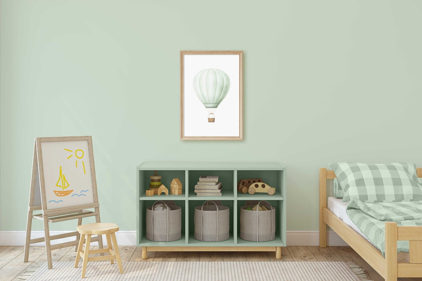 Green Hot Air Balloon Nursery Decor, Pastel Transportation Print, Vintage Wall Art - WildfieldPrints