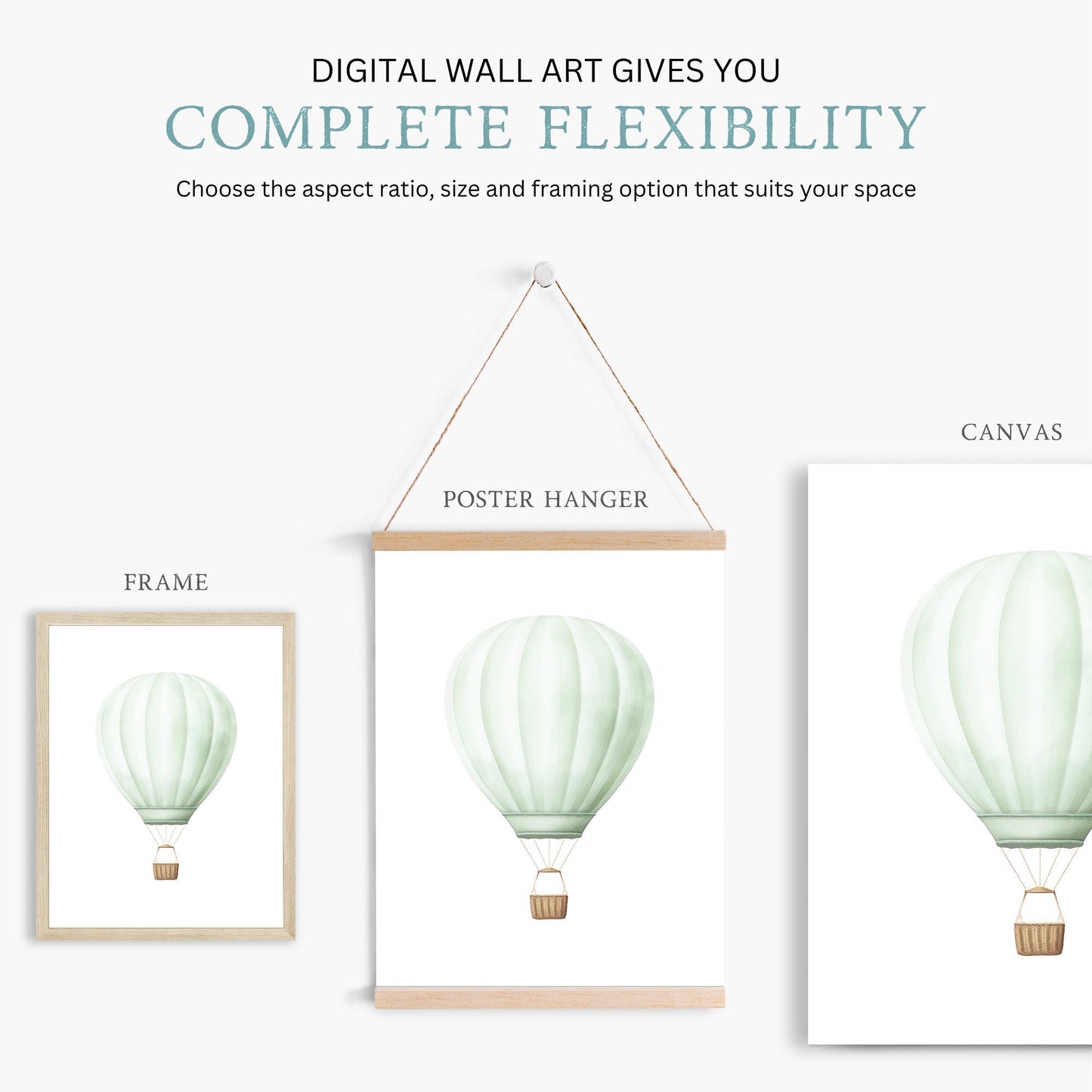 Green Hot Air Balloon Nursery Decor, Pastel Transportation Print, Vintage Wall Art - WildfieldPrints