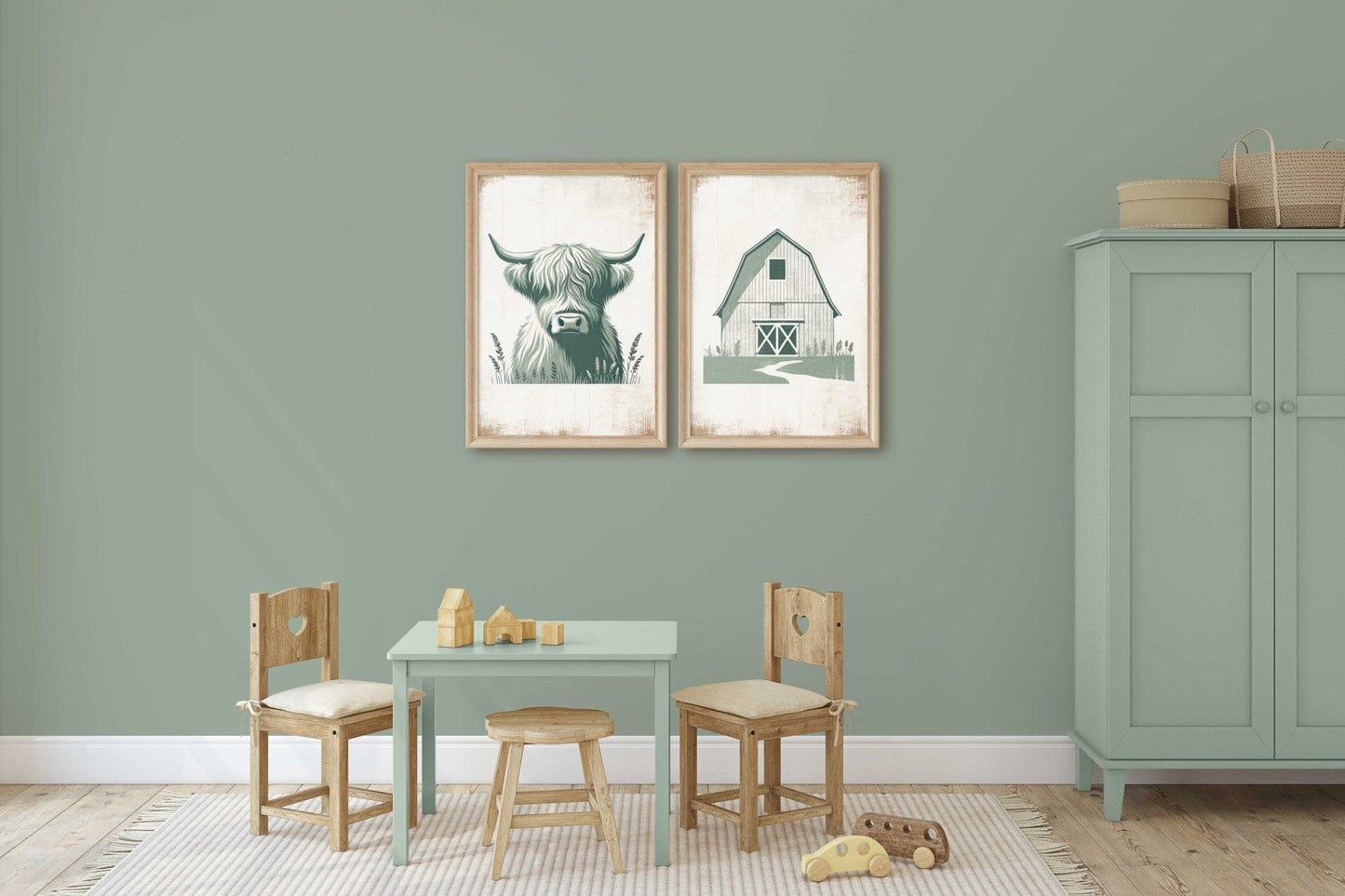 Highland Cow Nursery Decor, Sage Green Animal Print, Rustic Wall Art - WildfieldPrints
