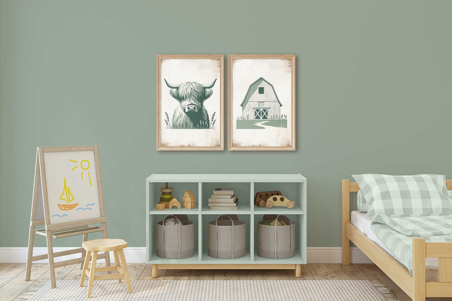 Highland Cow Nursery Decor, Sage Green Animal Print, Rustic Wall Art - WildfieldPrints