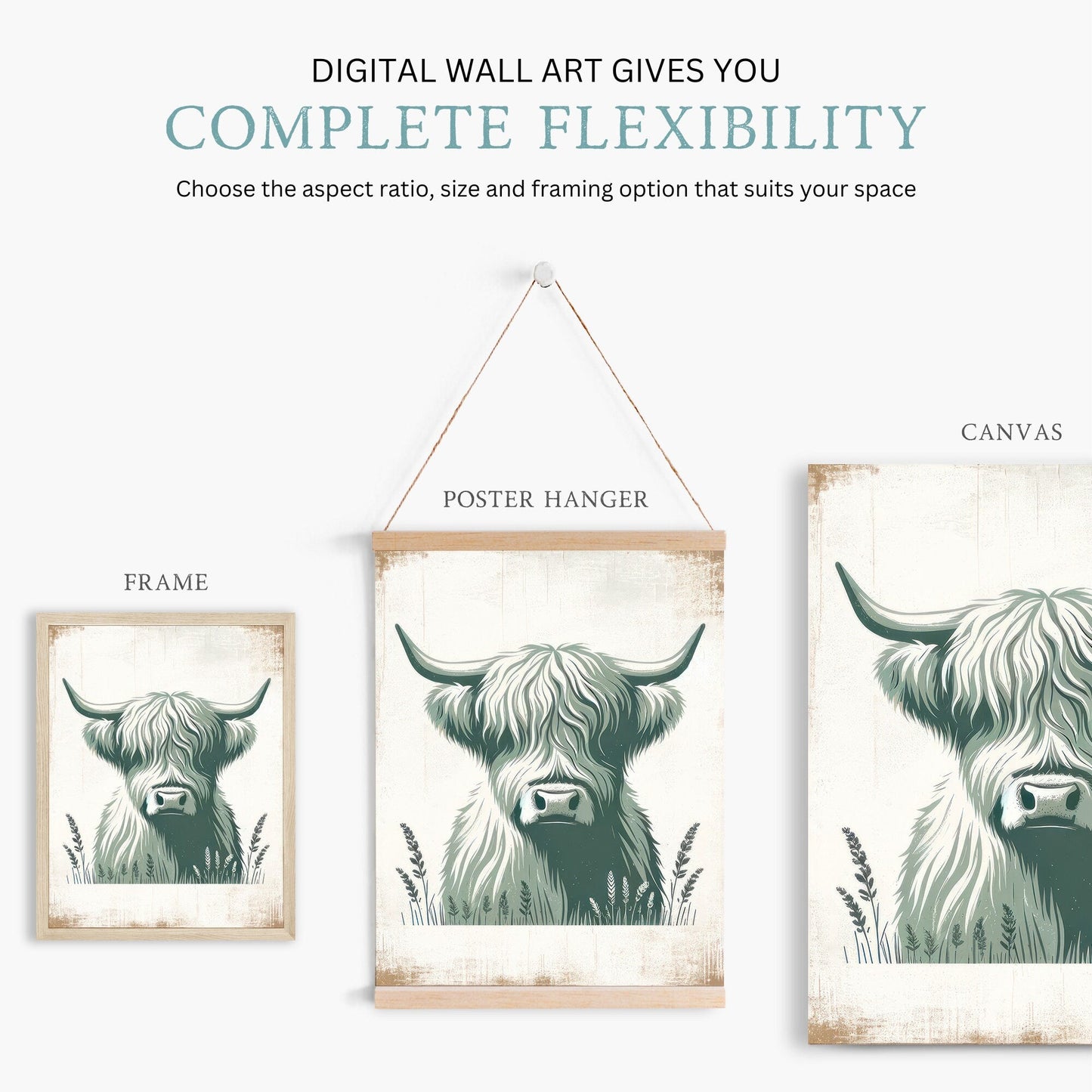 Highland Cow Nursery Decor, Sage Green Animal Print, Rustic Wall Art - WildfieldPrints