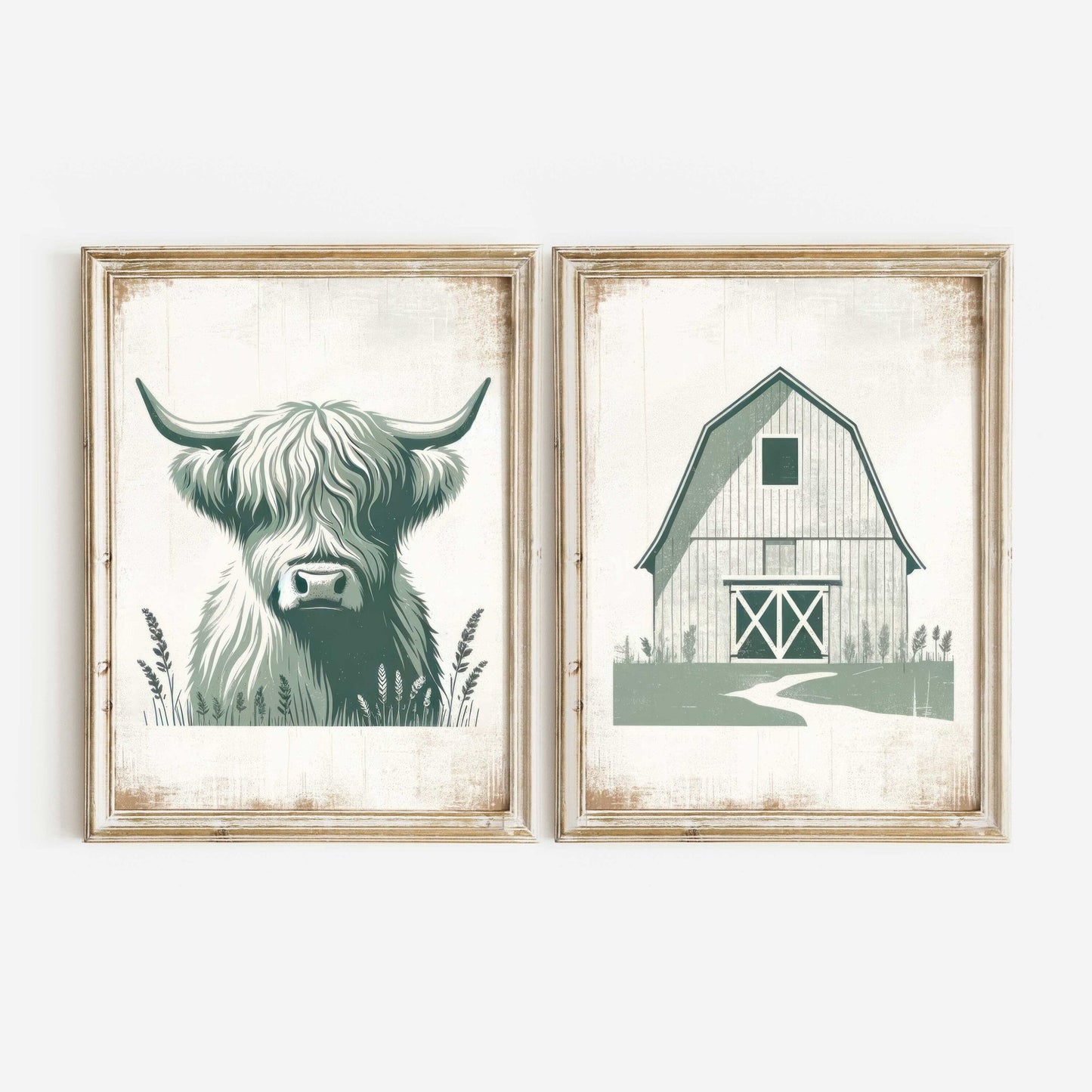 Highland Cow Nursery Decor, Sage Green Animal Print, Rustic Wall Art - WildfieldPrints