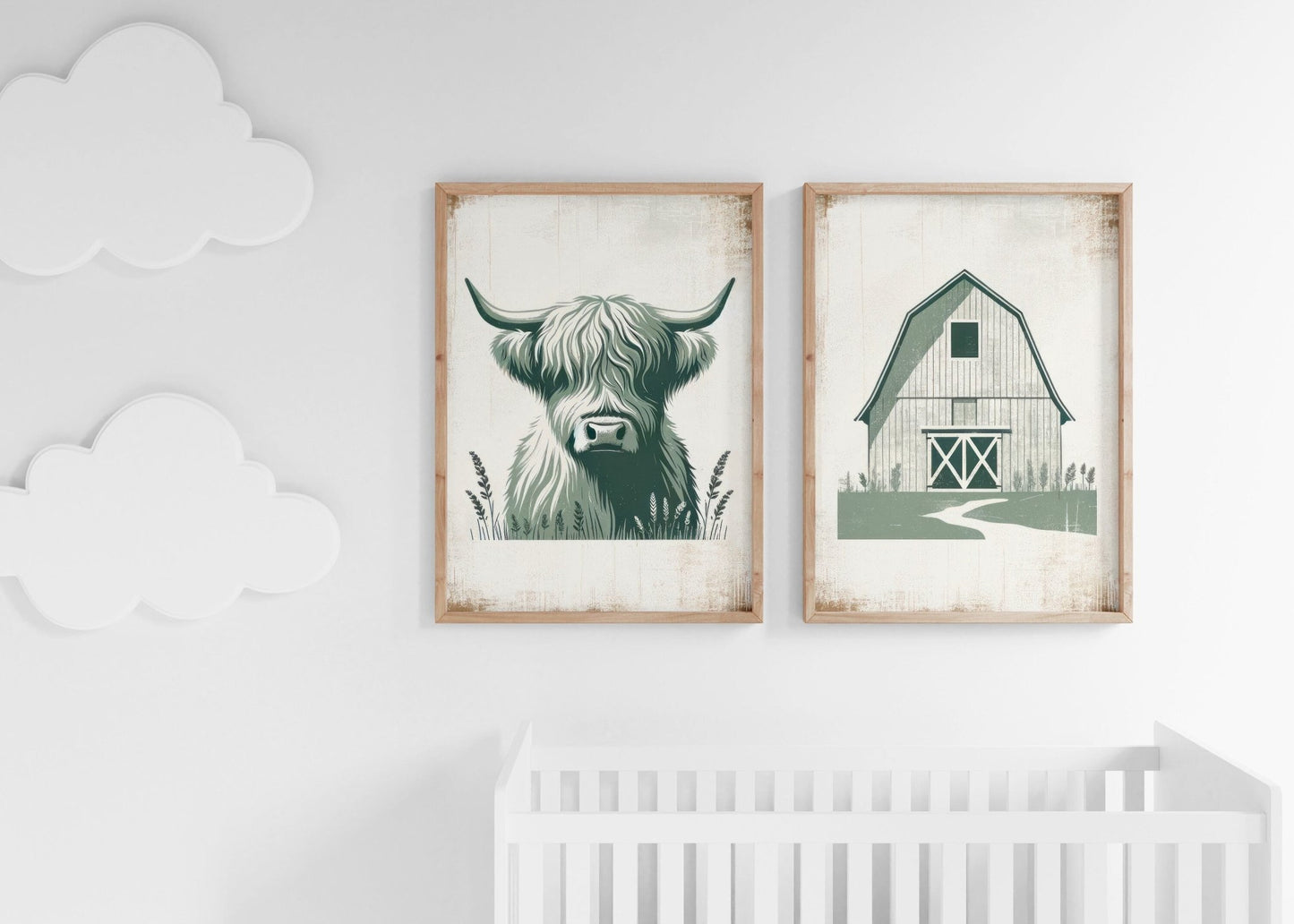 Highland Cow Nursery Decor, Sage Green Animal Print, Rustic Wall Art - WildfieldPrints