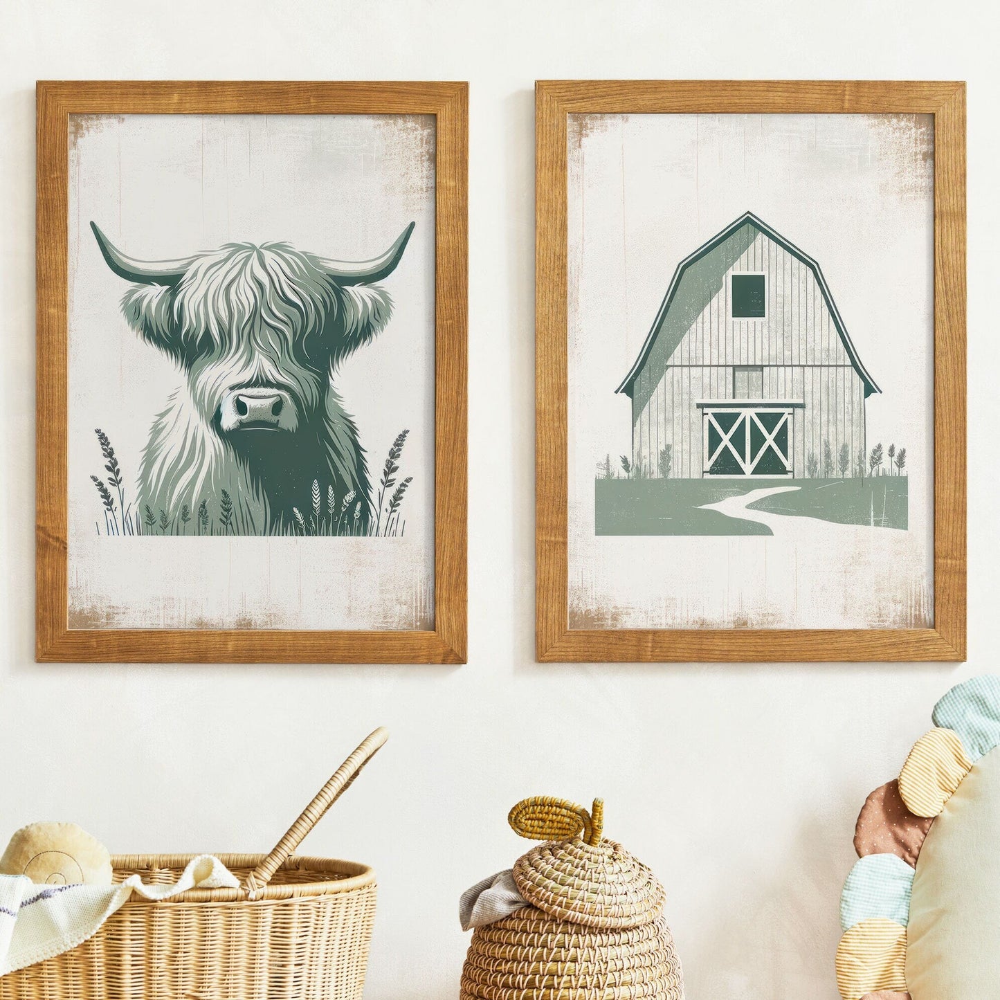 Highland Cow Nursery Decor, Sage Green Animal Print, Rustic Wall Art - WildfieldPrints