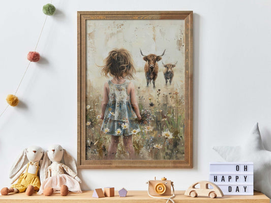 Highland Cow Nursery Print, Vintage Farmhouse Decor, Girls Room Art - WildfieldPrints