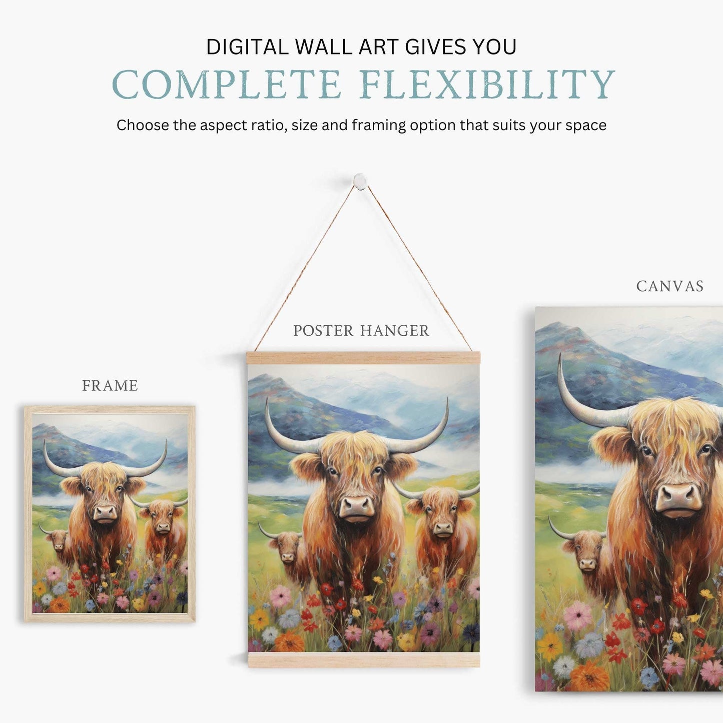 Highland Cow Wall Art, Rustic Farmhouse Decor, Country Style Print - WildfieldPrints