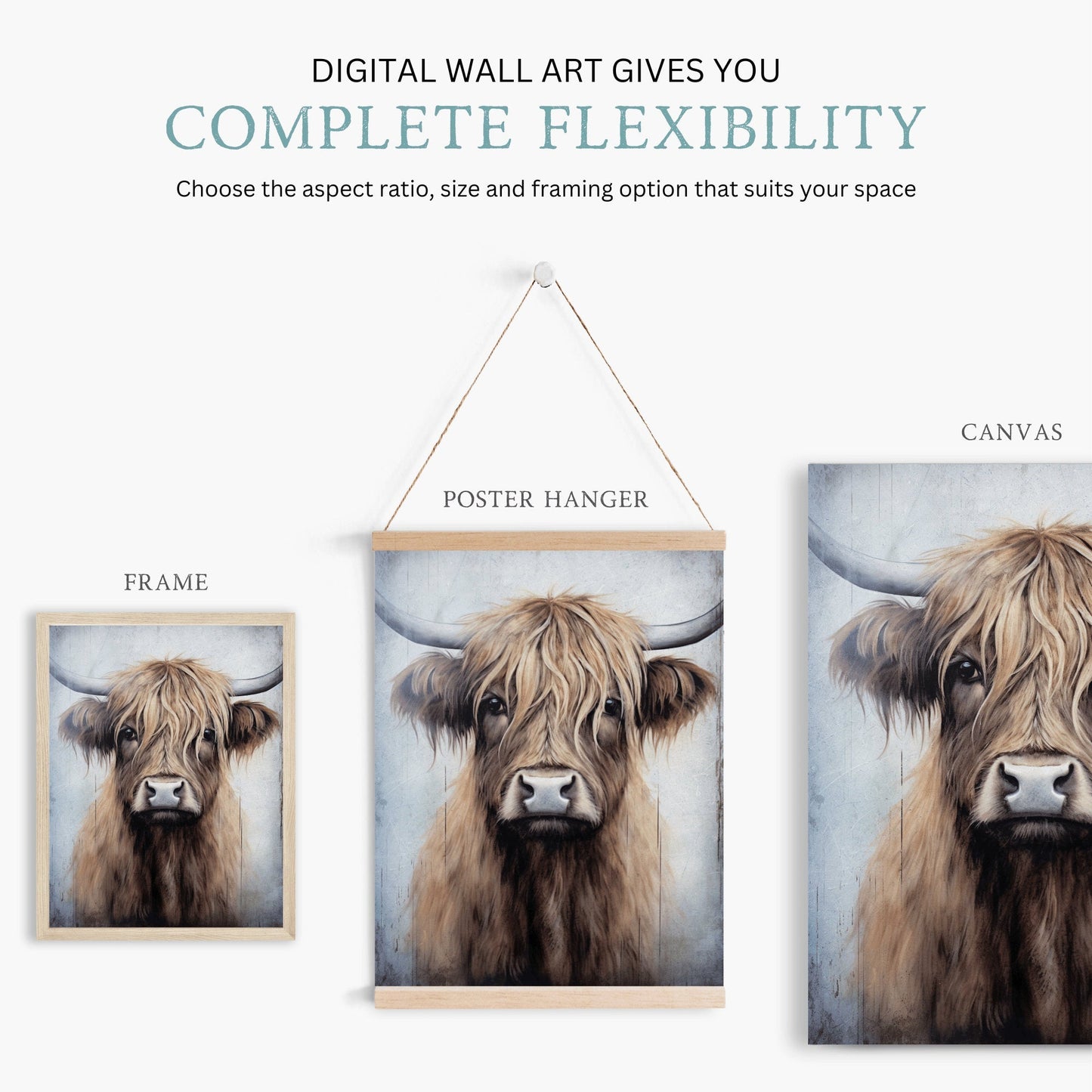 Highland Cow Wall Art, Rustic Farmhouse Decor, Vintage Country Painting - WildfieldPrints