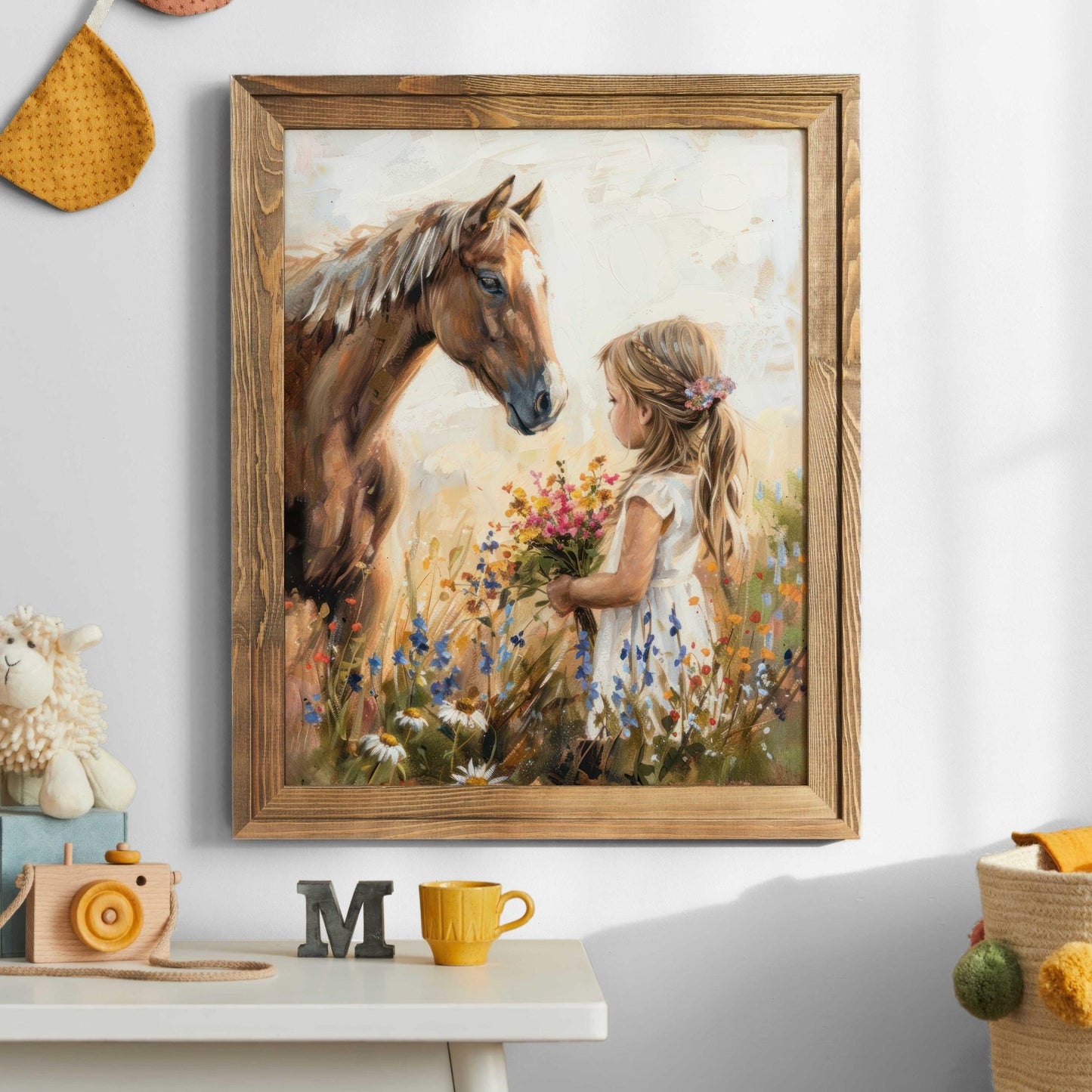 Horse Nursery Print, Little Girl & Horse Artwork, Rustic Wildflower Decor - WildfieldPrints