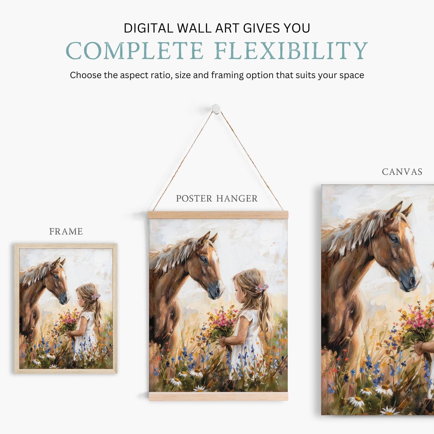 Horse Nursery Print, Little Girl & Horse Artwork, Rustic Wildflower Decor - WildfieldPrints