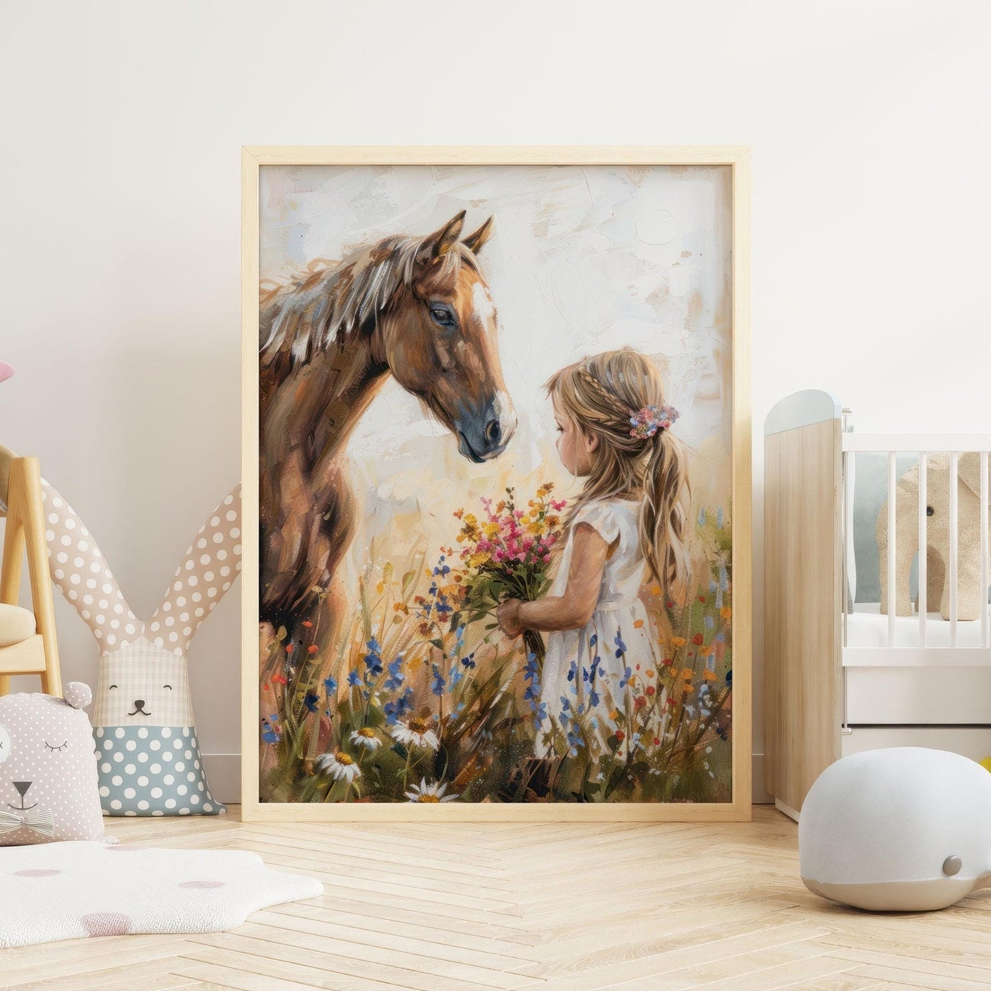 Horse Nursery Print, Little Girl & Horse Artwork, Rustic Wildflower Decor - WildfieldPrints