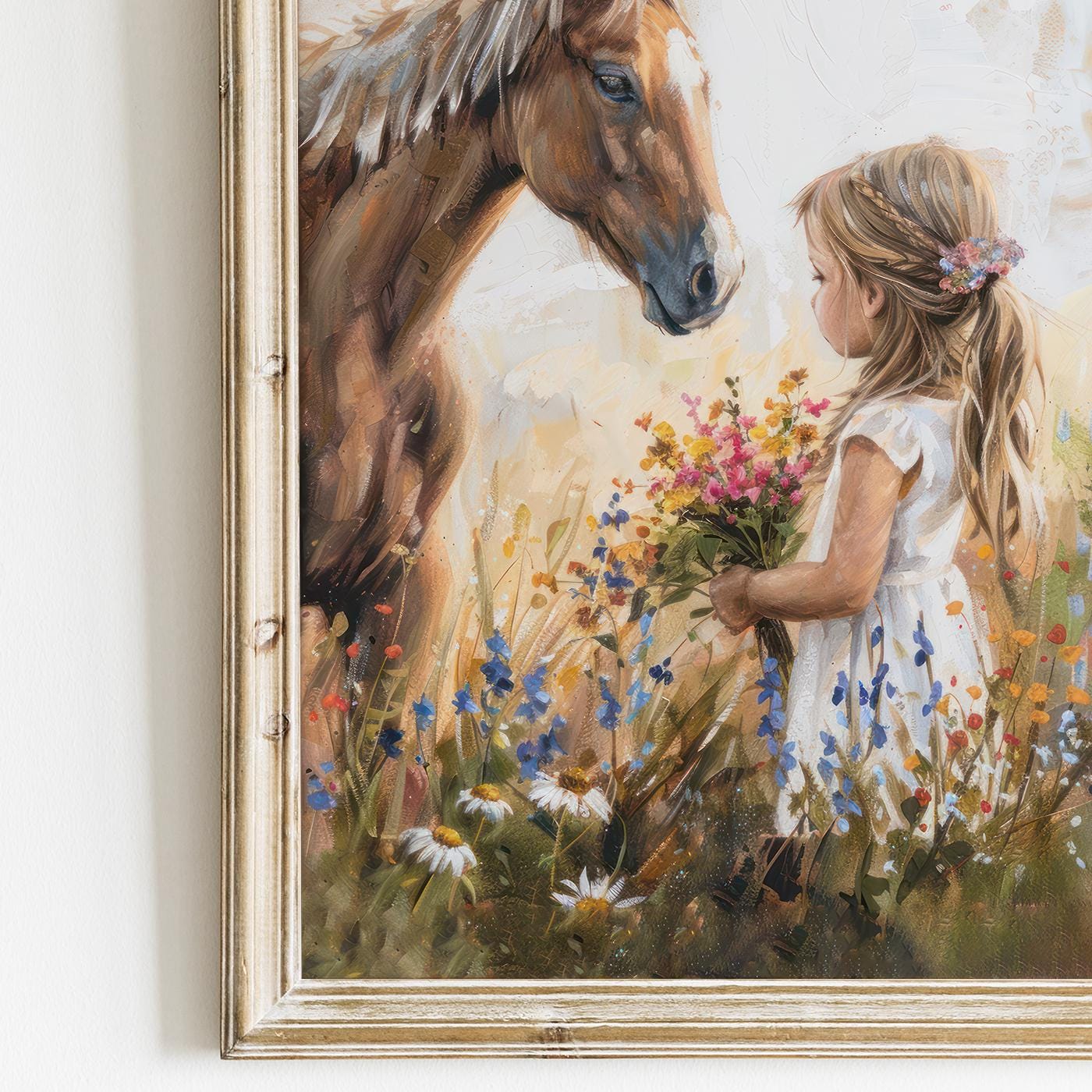 Horse Nursery Print, Little Girl & Horse Artwork, Rustic Wildflower Decor - WildfieldPrints