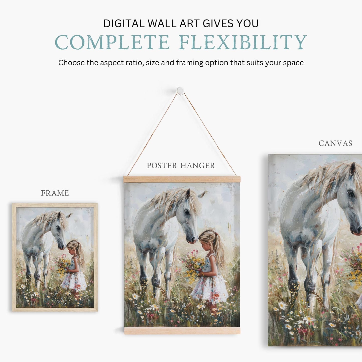 Horse Print for Girls Room, Girl & Horse Print, Horse Gift Young Girl, Horse Nursery Wall Art, Vintage Horse Painting, Printable Horse Art - My Store