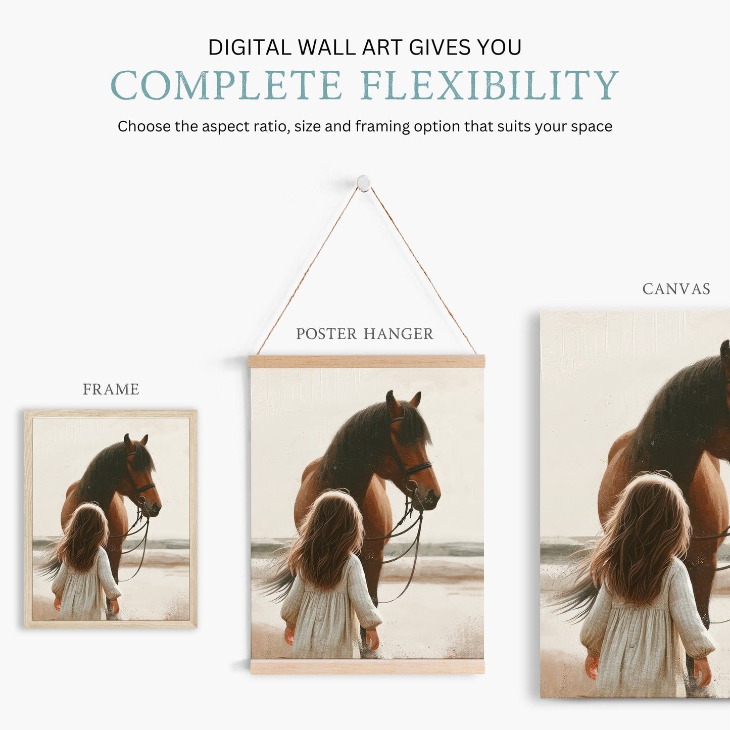 Horse Wall Art Girls Room, Horse Nursery Decor, Set of 3, Horse on the Beach Print, Horse Lover Wall Decor, Printable Horse Decor for Girls - My Store