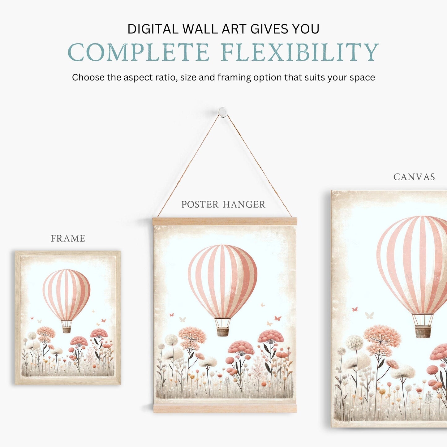 Hot Air Balloon Nursery Art, Pink Minimalist Room Decor, Vintage Design - WildfieldPrints