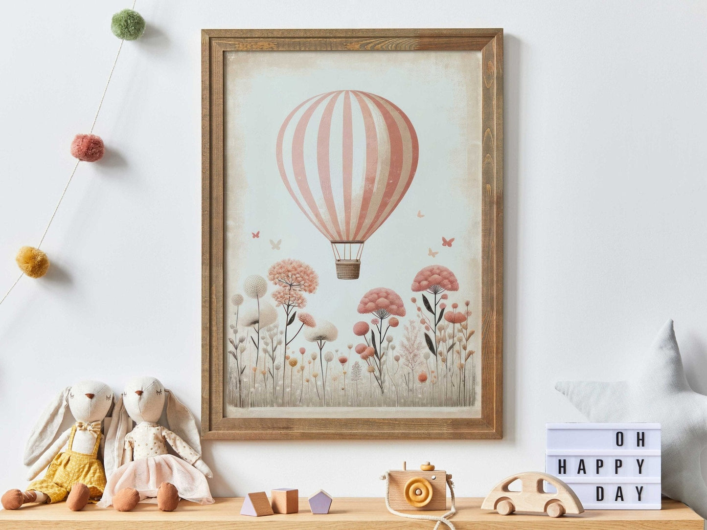 Hot Air Balloon Nursery Art, Pink Minimalist Room Decor, Vintage Design - WildfieldPrints