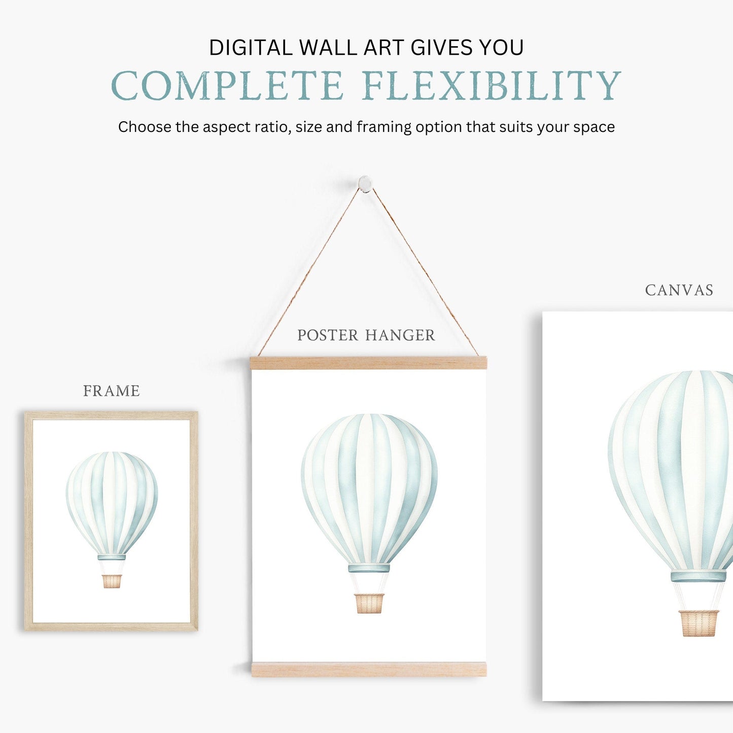 Hot Air Balloon Nursery Art, Teal Minimalist Decor for Boys Room - WildfieldPrints