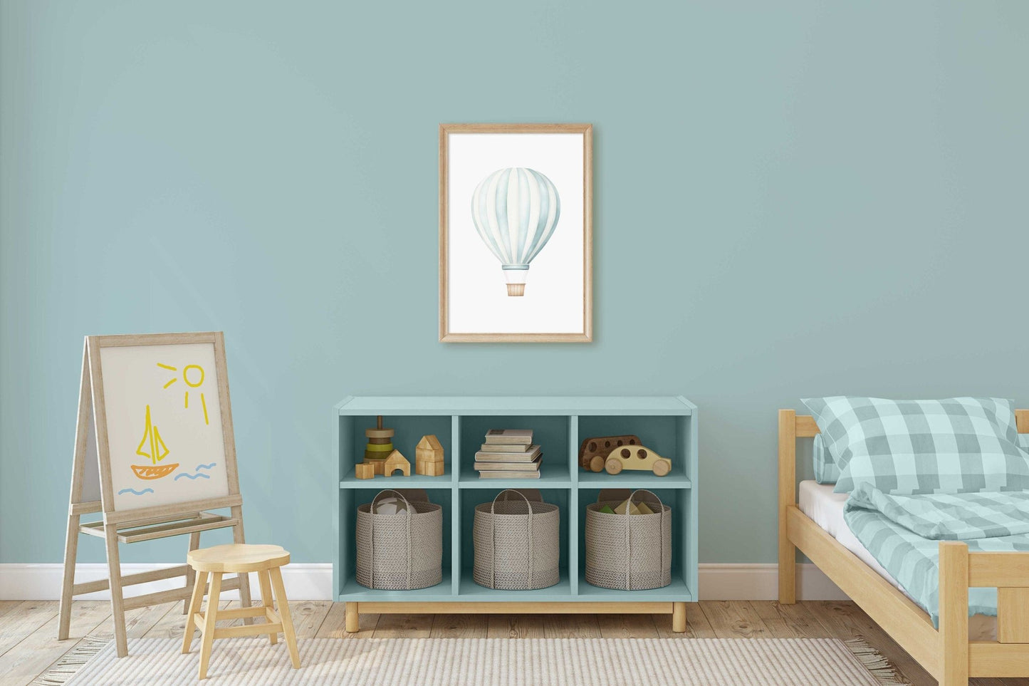Hot Air Balloon Nursery Art, Teal Minimalist Decor for Boys Room - WildfieldPrints