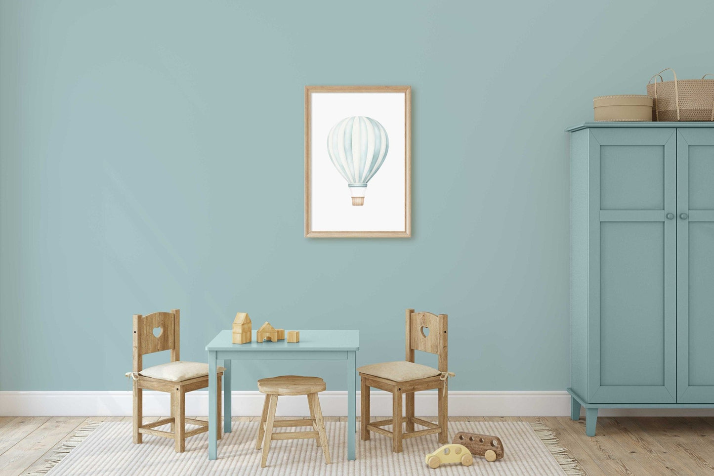 Hot Air Balloon Nursery Art, Teal Minimalist Decor for Boys Room - WildfieldPrints