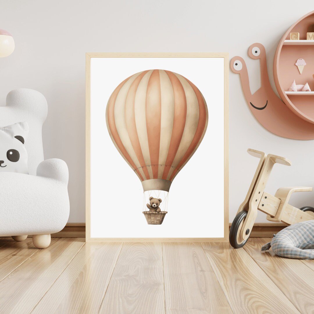 Hot Air Balloon Nursery Print, Cute Teddy Bear Decor, Baby Shower Gift - WildfieldPrints