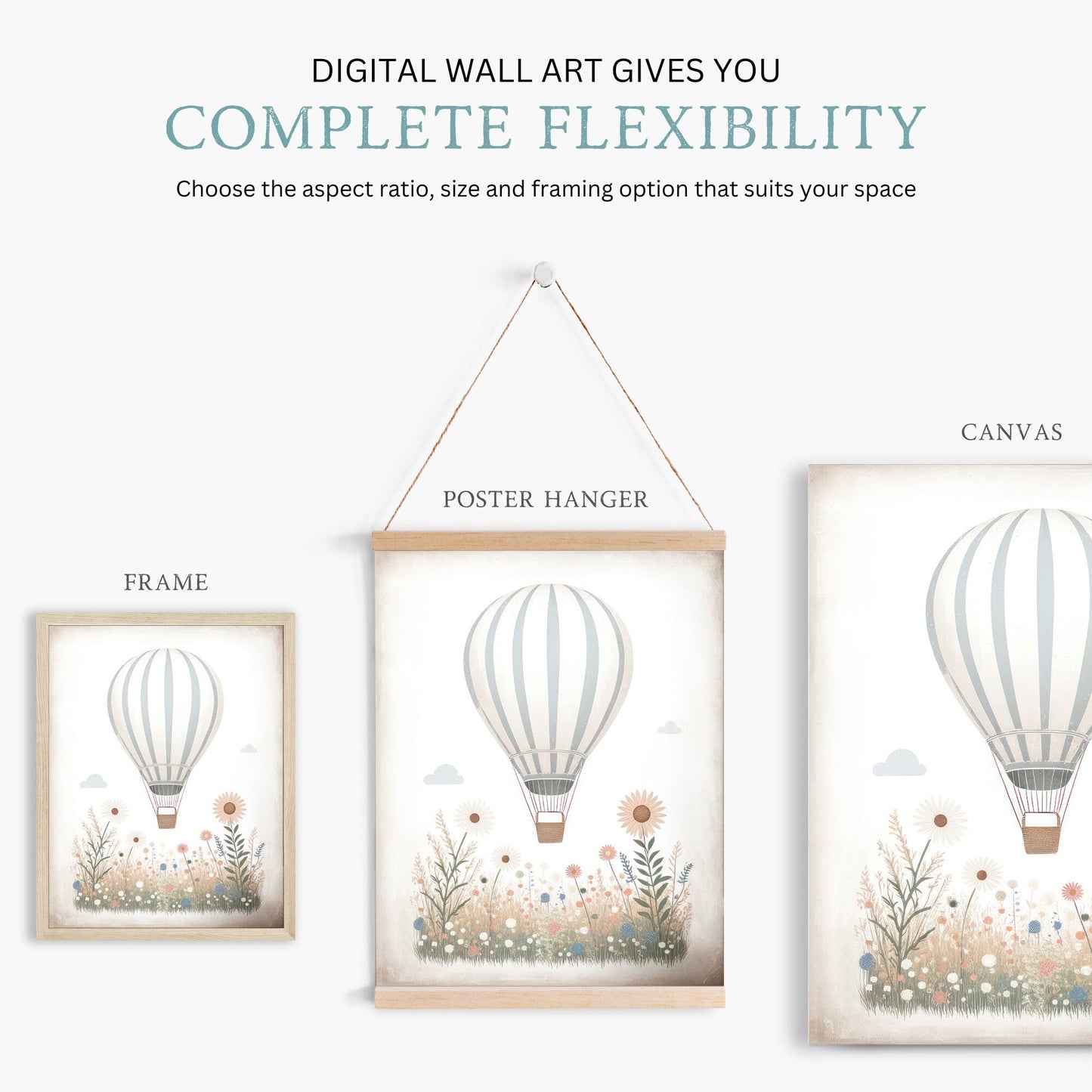 Hot Air Balloon Nursery Prints, Light - blue Wall Decor, Transportation Art - WildfieldPrints