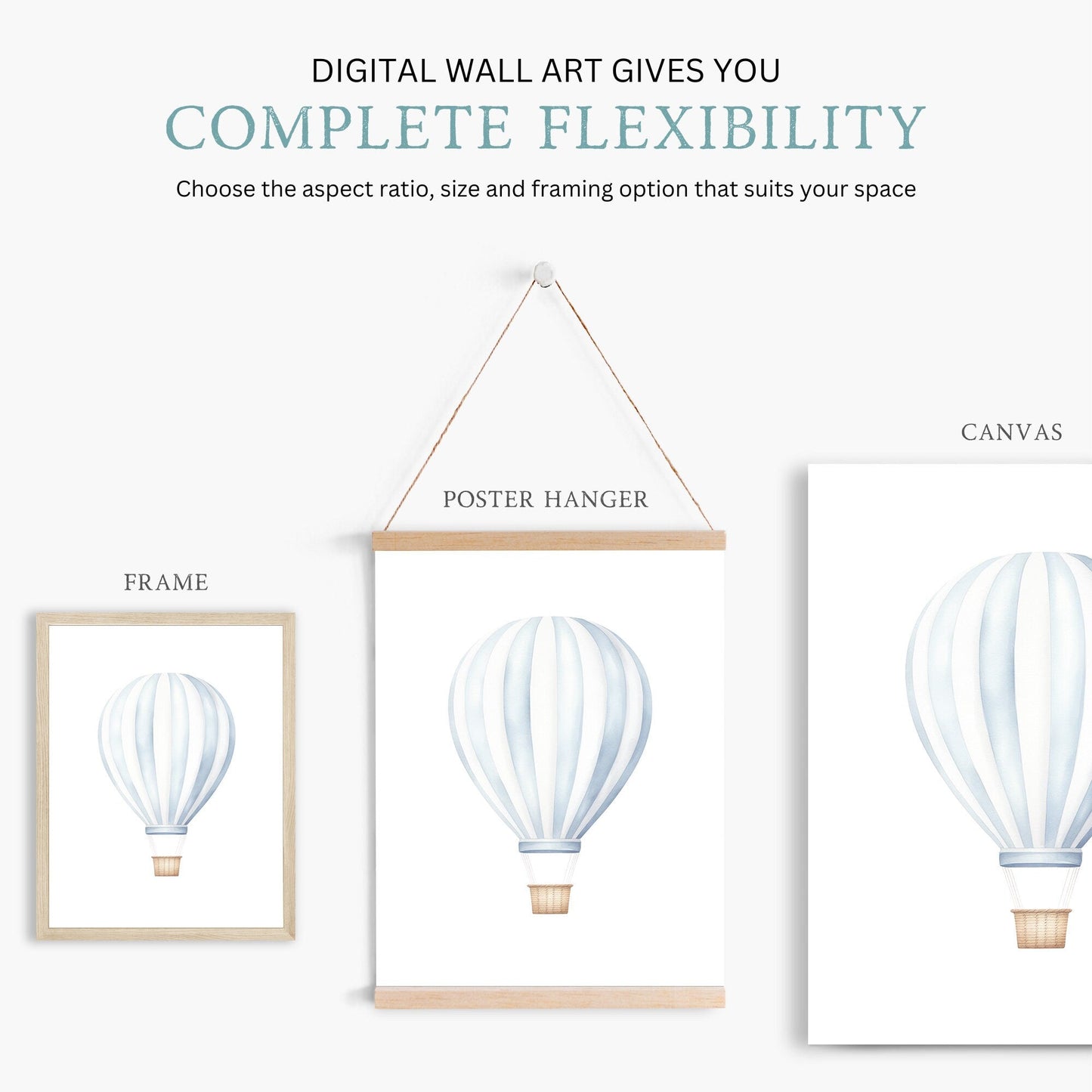 Hot Air Balloon Nursery Prints, Light - blue Wall Decor, Transportation Art - WildfieldPrints