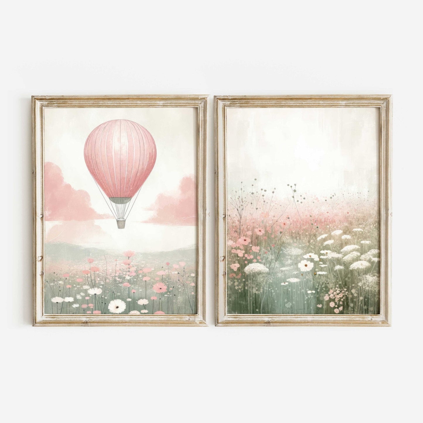 Hot Air Balloon Nursery Prints, Pink Wildflower Wall Decor, Girls Room Art - WildfieldPrints