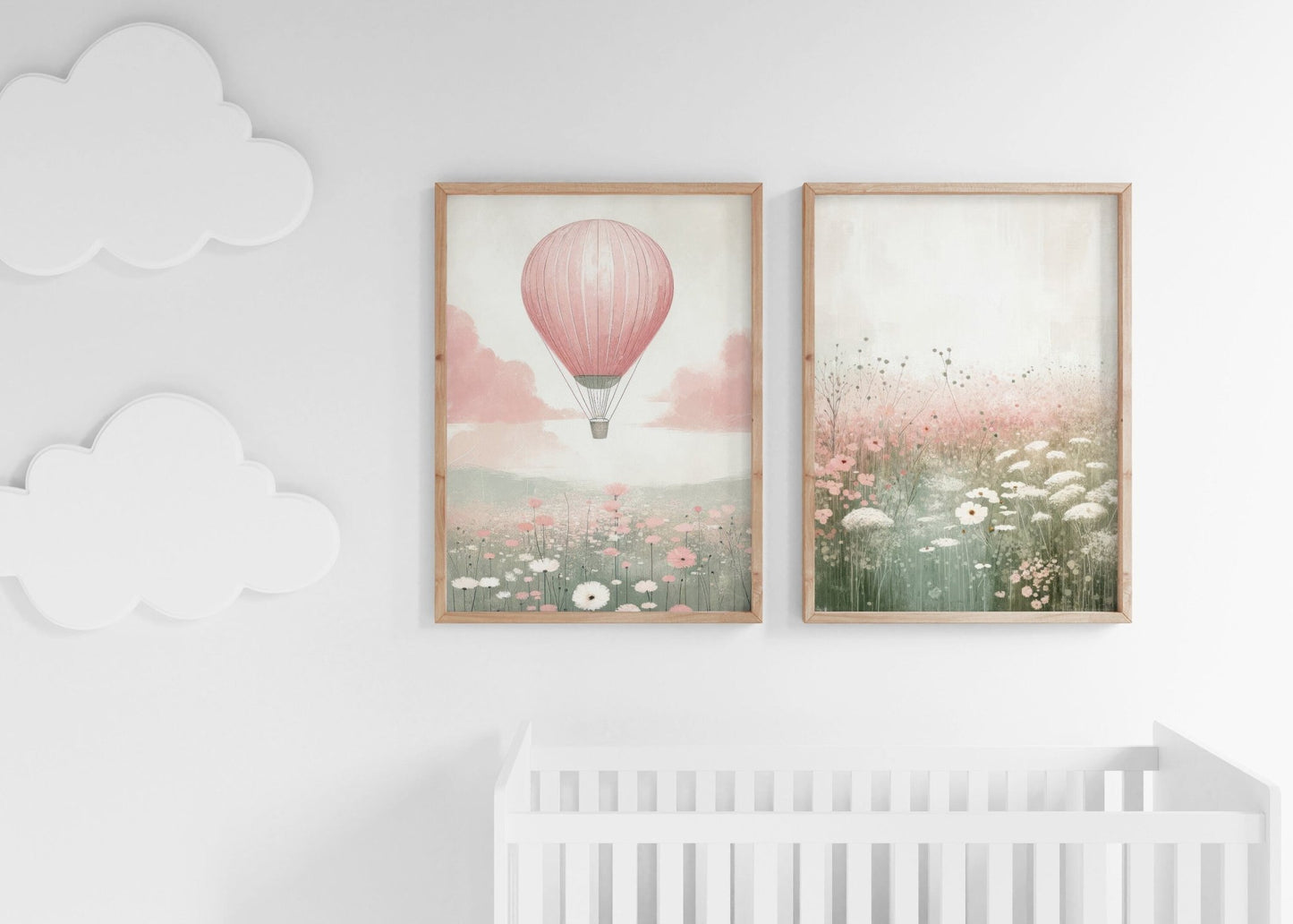 Hot Air Balloon Nursery Prints, Pink Wildflower Wall Decor, Girls Room Art - WildfieldPrints