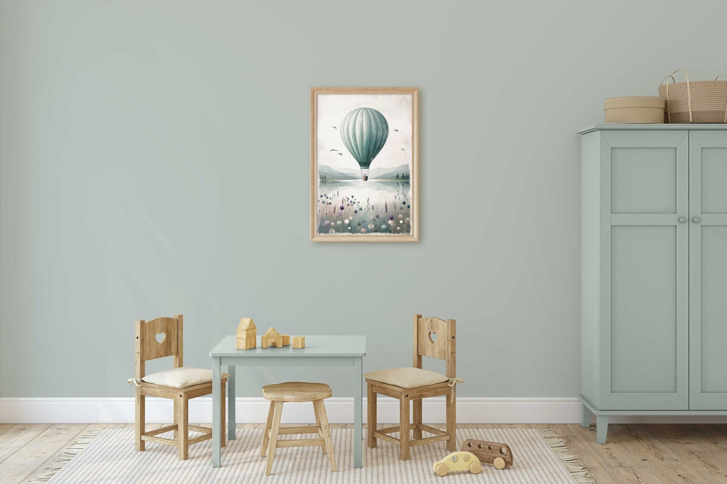 Hot Air Balloon Nursery Prints, Teal Room Decor, Landscape Art - WildfieldPrints