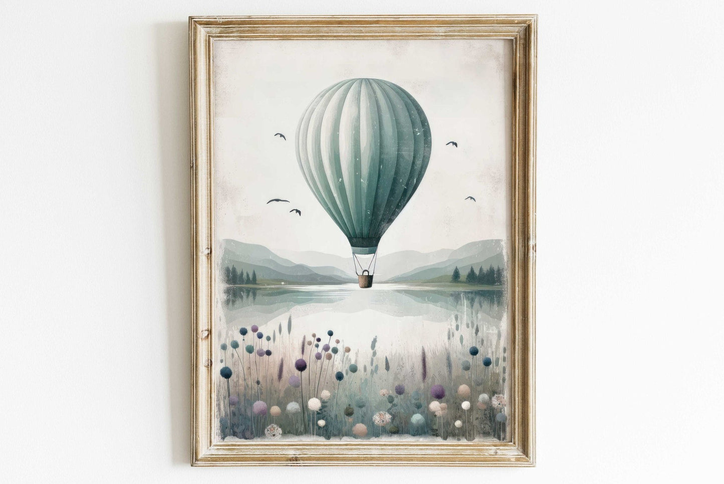 Hot Air Balloon Nursery Prints, Teal Room Decor, Landscape Art - WildfieldPrints
