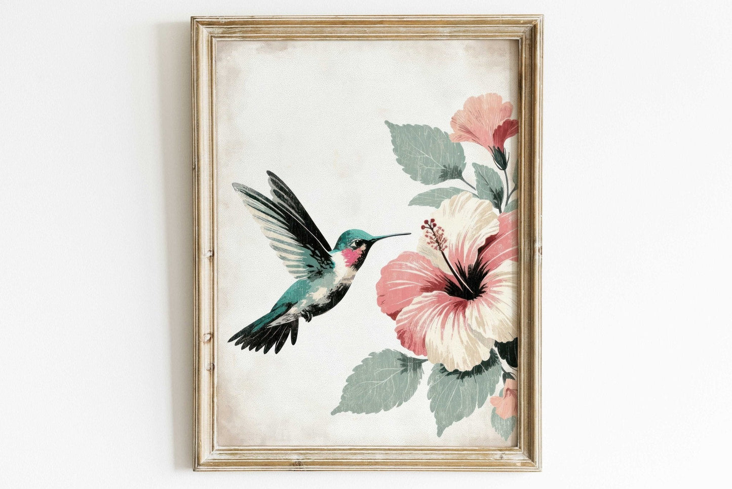 Hummingbird Wall Art, Vintage Bird Decor, Hibiscus Floral Design - WildfieldPrints