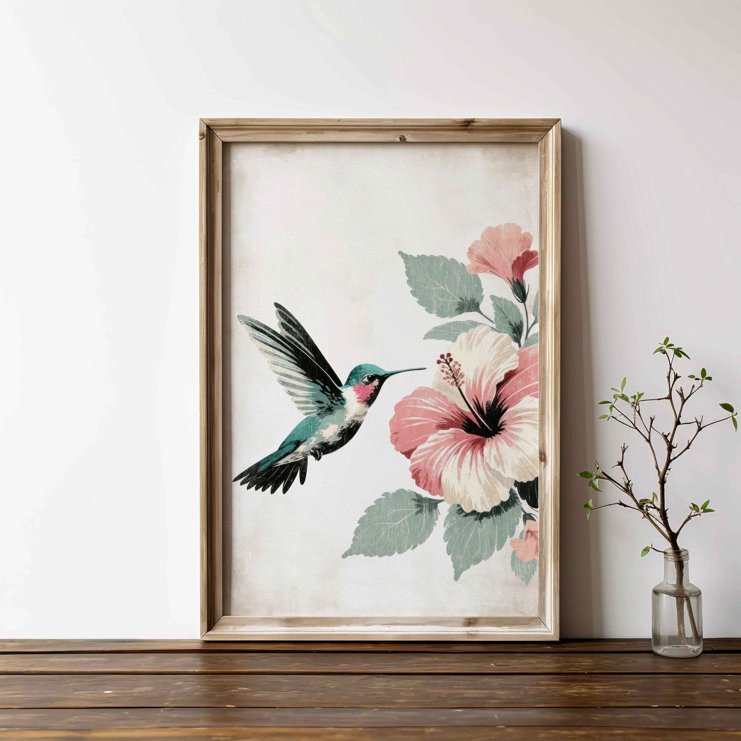Hummingbird Wall Art, Vintage Bird Decor, Hibiscus Floral Design - WildfieldPrints