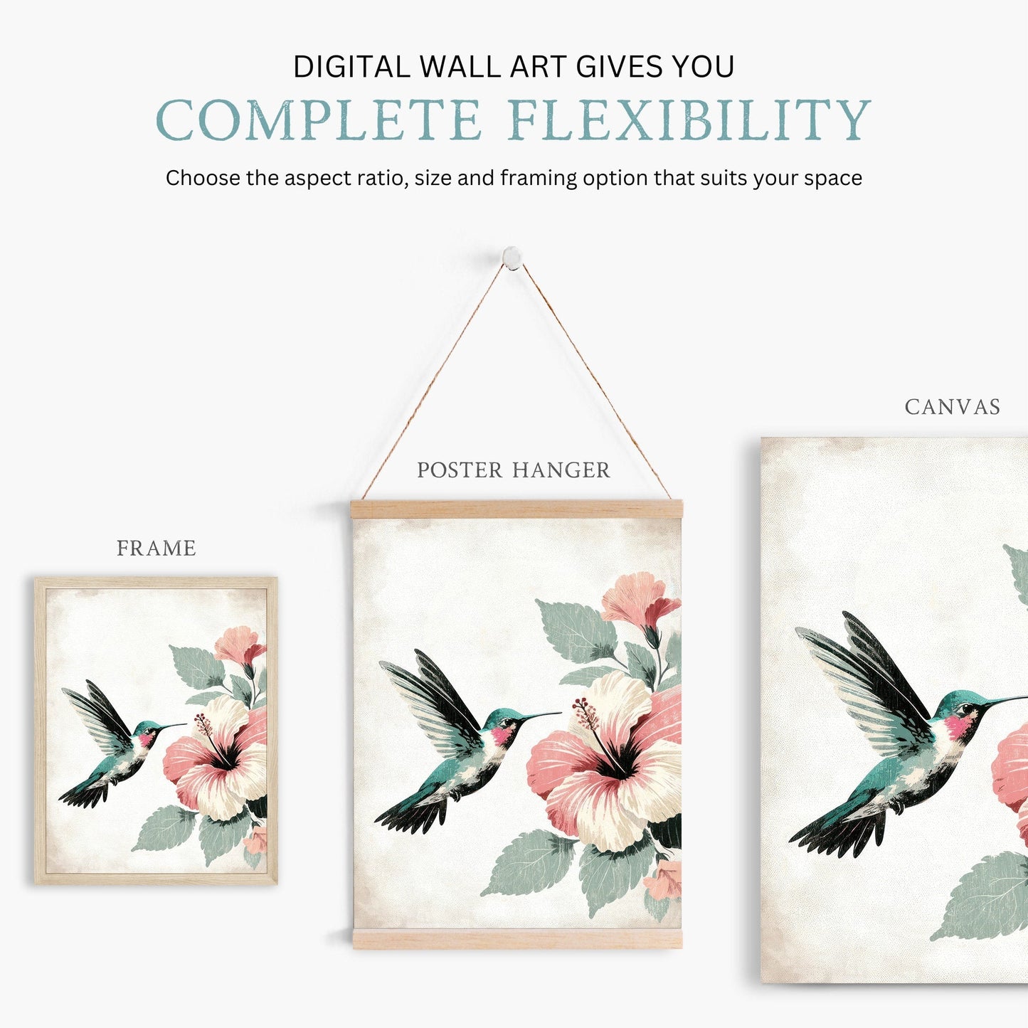 Hummingbird Wall Art, Vintage Bird Decor, Hibiscus Floral Design - WildfieldPrints
