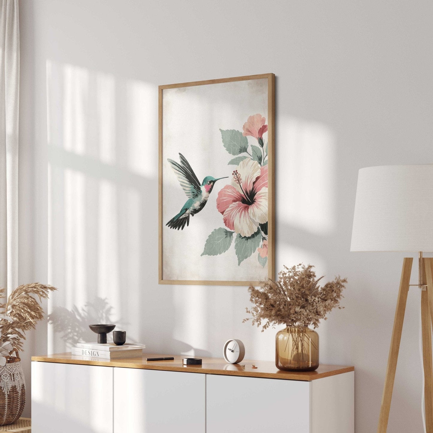 Hummingbird Wall Art, Vintage Bird Decor, Hibiscus Floral Design - WildfieldPrints